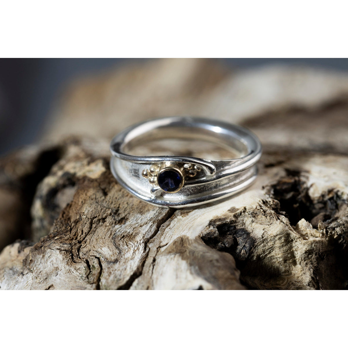 &#39;LG112 Silver and 9ct Gold 3mm Iolite Ring&#39; by Les Grimshaw, available at Padstow Gallery, Cornwall