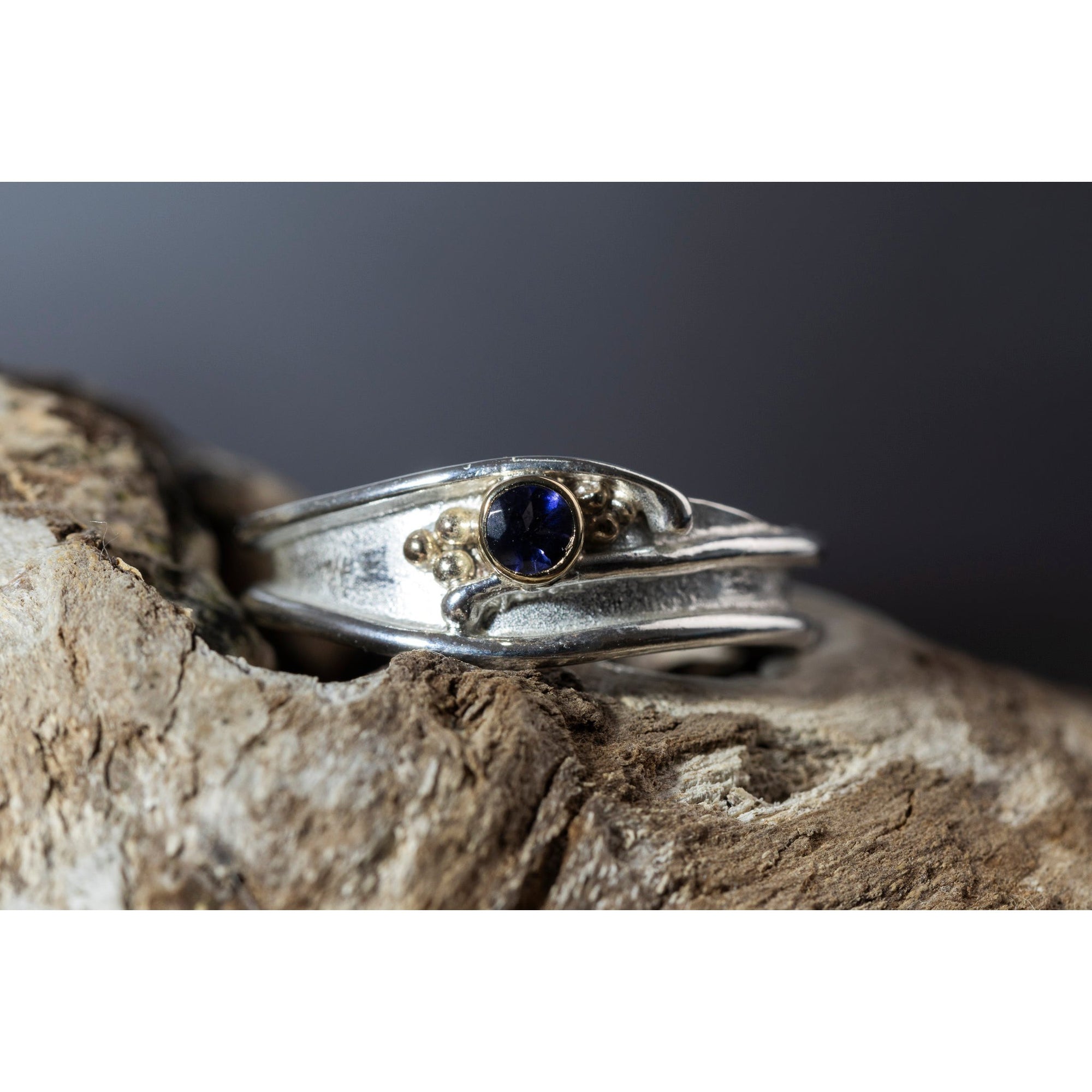 'LG112 Silver and 9ct Gold 3mm Iolite Ring' by Les Grimshaw, available at Padstow Gallery, Cornwall