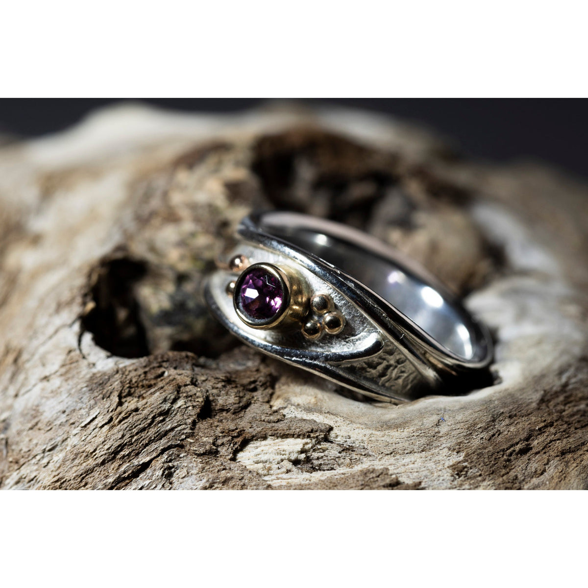 &#39;LG111 Silver and 9ct Gold 4mm Rhodalite Garnet Ring&#39; by Les Grimshaw, available at Padstow Gallery, Cornwall