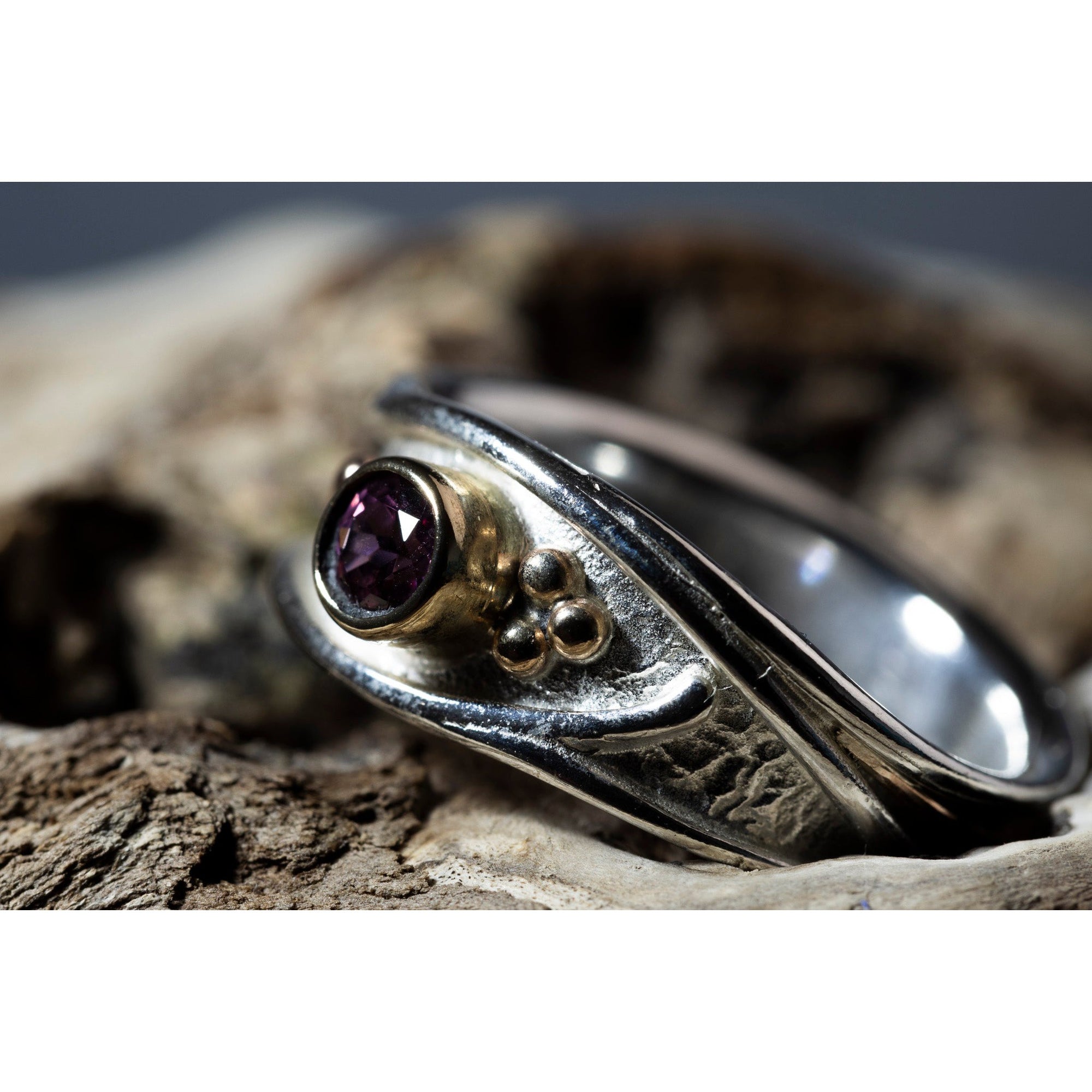 'LG111 Silver and 9ct Gold 4mm Rhodalite Garnet Ring' by Les Grimshaw, available at Padstow Gallery, Cornwall