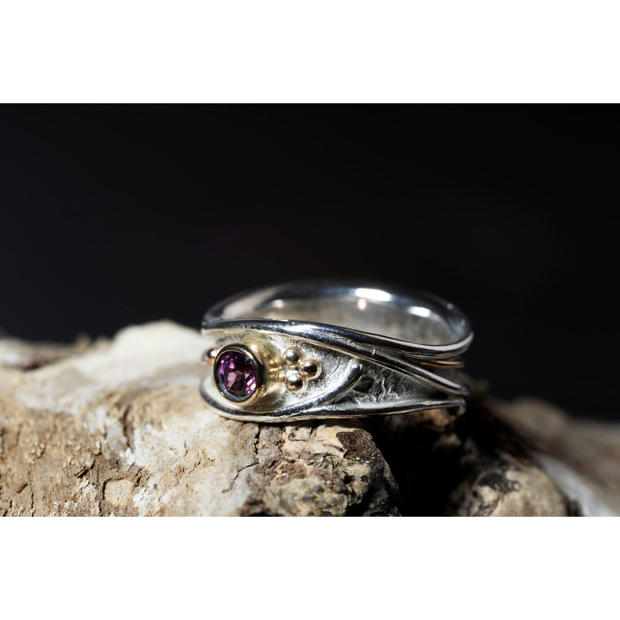 'LG111 Silver and 9ct Gold 4mm Rhodalite Garnet Ring' by Les Grimshaw, available at Padstow Gallery, Cornwall