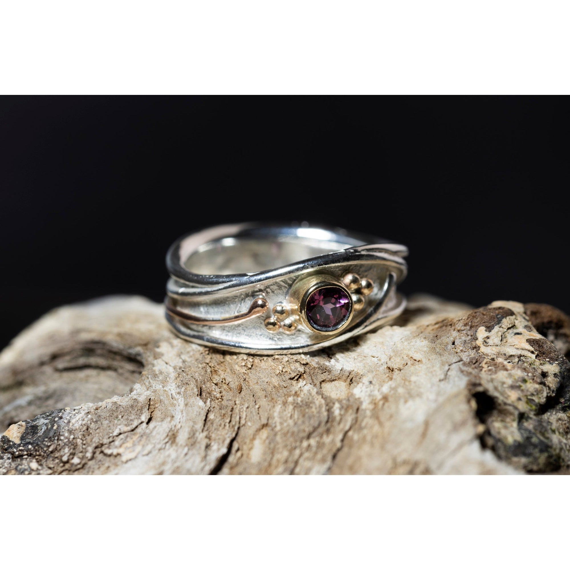 'LG111 Silver and 9ct Gold 4mm Rhodalite Garnet Ring' by Les Grimshaw, available at Padstow Gallery, Cornwall