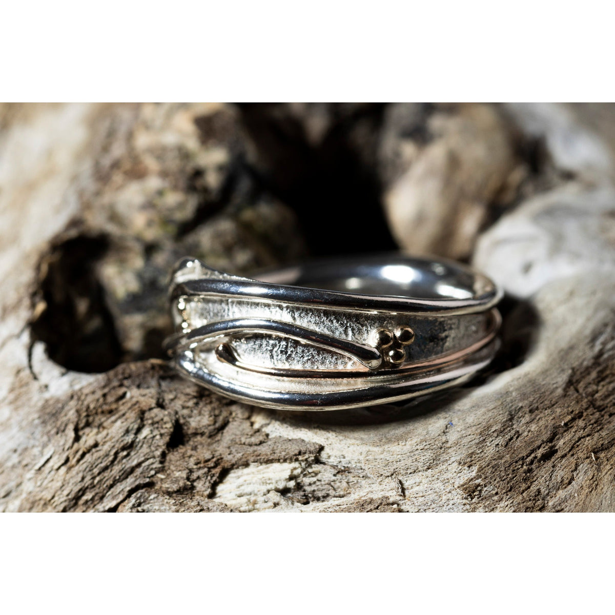 &#39;LG101 - Silver Ring with 9ct Gold Beads Ring &#39; by Les Grimshaw, available at Padstow Gallery, Cornwall