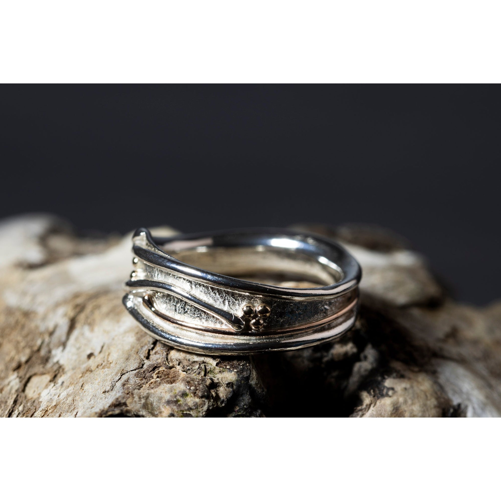 'LG101 - Silver Ring with 9ct Gold Beads Ring ' by Les Grimshaw, available at Padstow Gallery, Cornwall