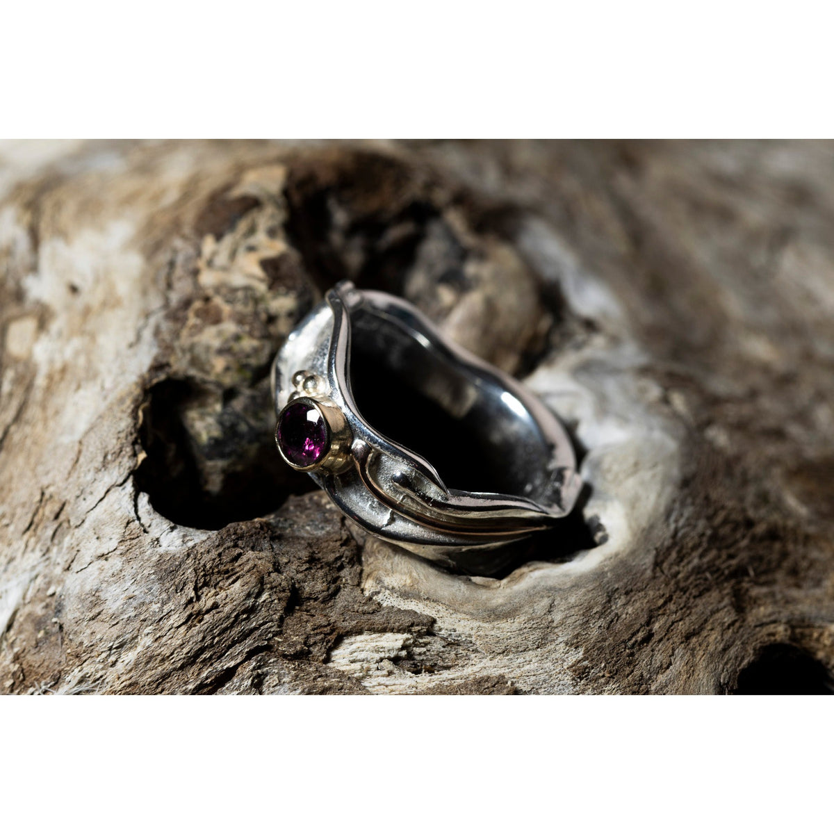 &#39;LG109 Silver and 9ct Gold 4mm Rhodalite Garnet Ring&#39; by Les Grimshaw, available at Padstow Gallery, Cornwall