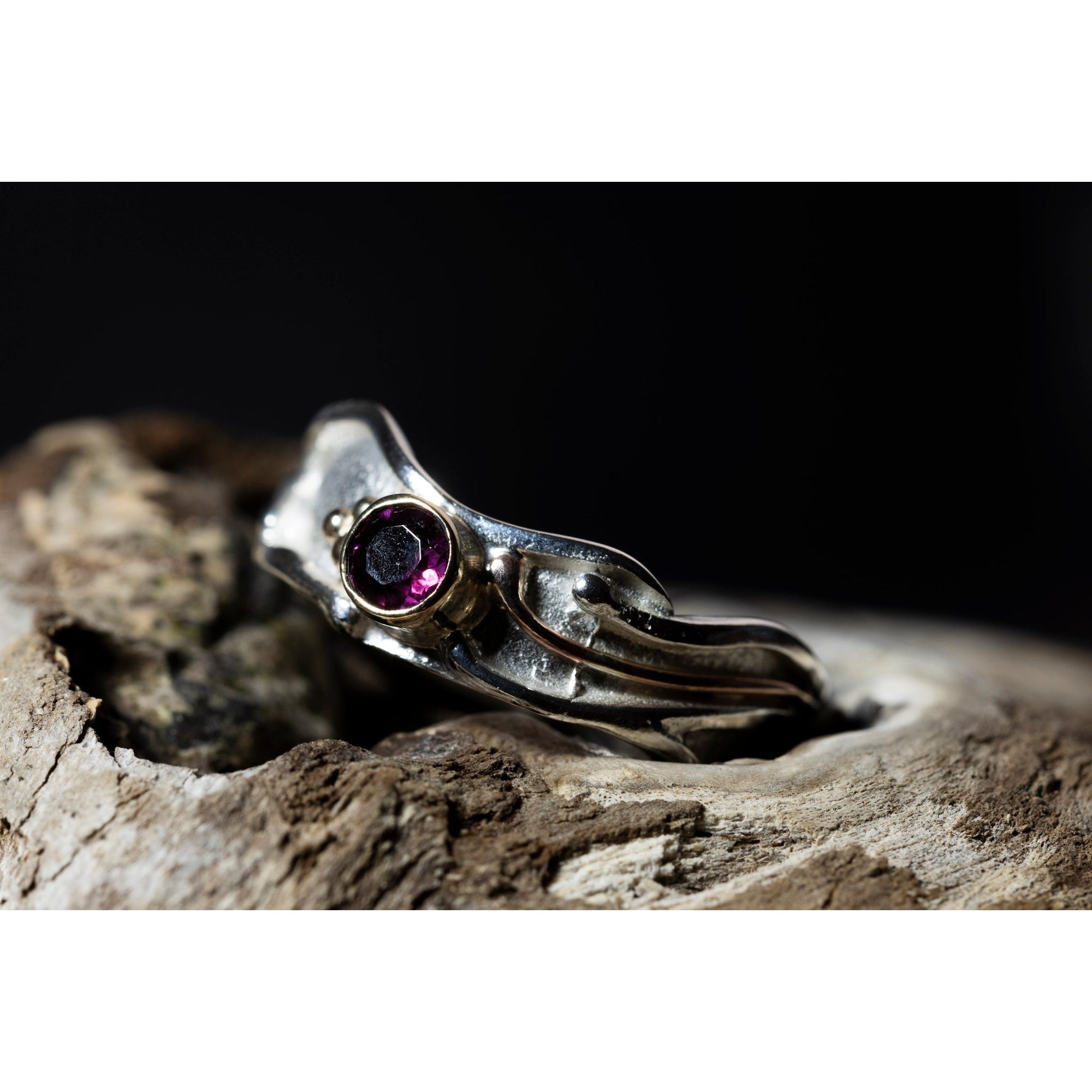 'LG109 Silver and 9ct Gold 4mm Rhodalite Garnet Ring' by Les Grimshaw, available at Padstow Gallery, Cornwall