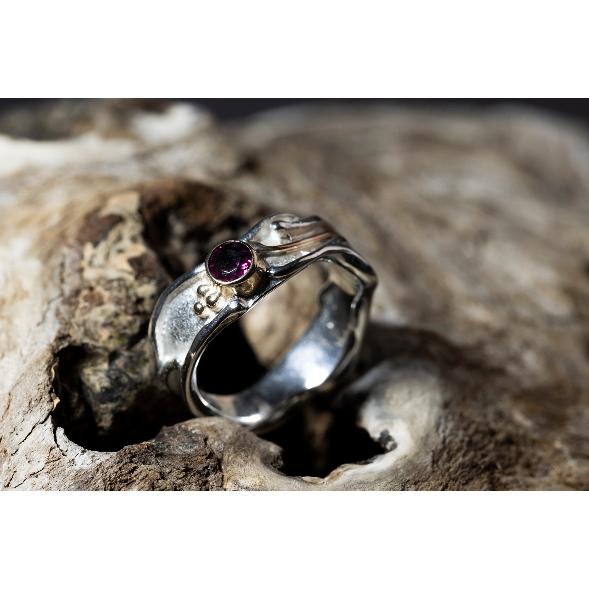 'LG109 Silver and 9ct Gold 4mm Rhodalite Garnet Ring' by Les Grimshaw, available at Padstow Gallery, Cornwall