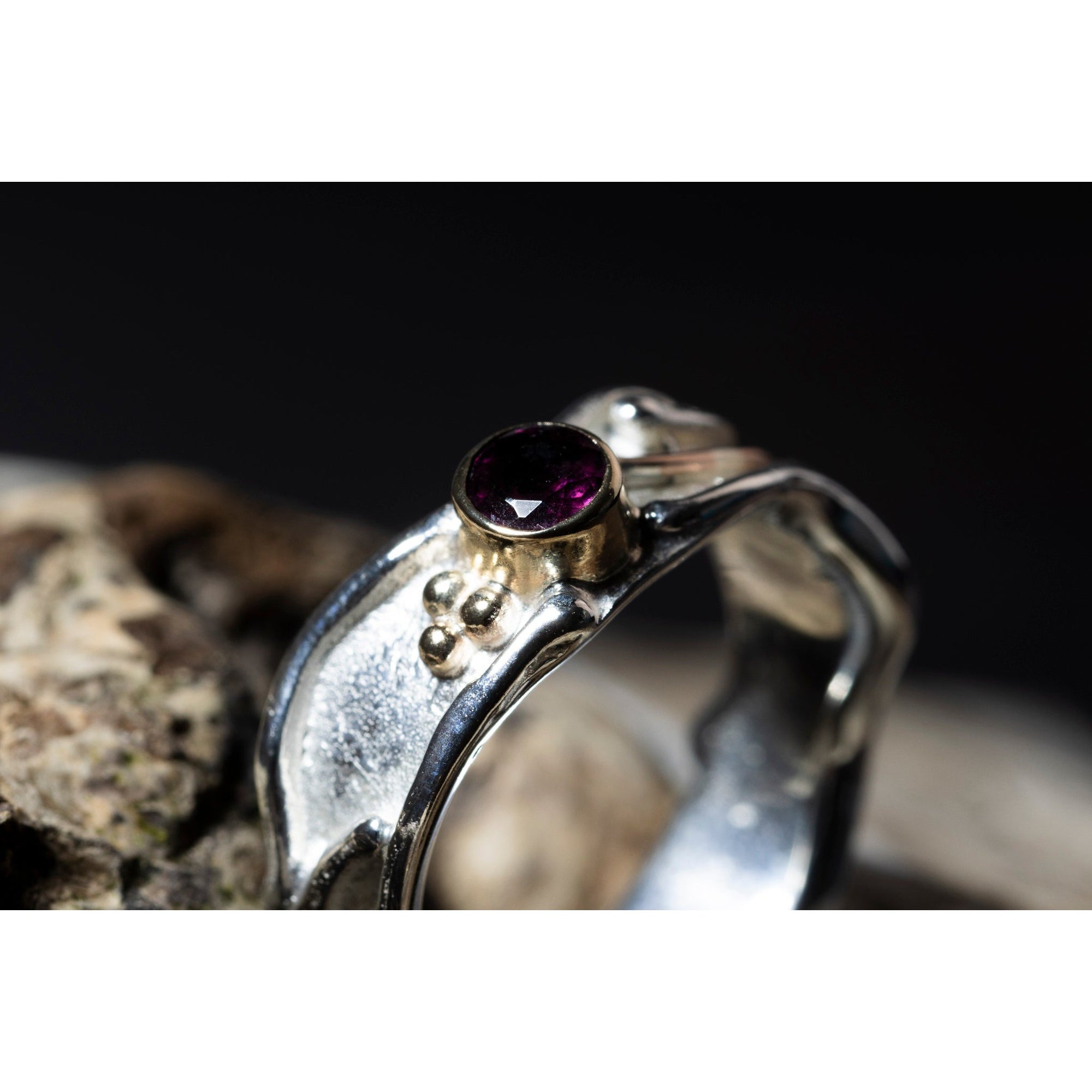 'LG109 Silver and 9ct Gold 4mm Rhodalite Garnet Ring' by Les Grimshaw, available at Padstow Gallery, Cornwall