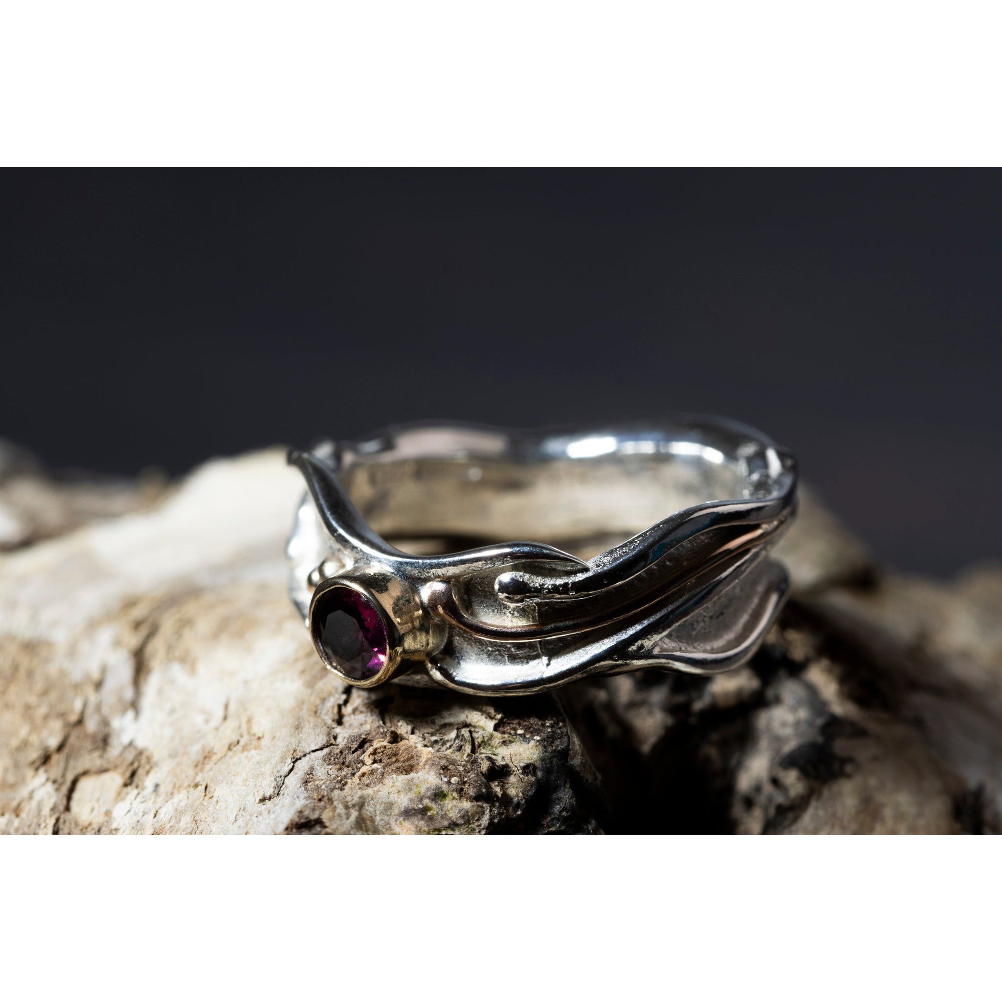 'LG109 Silver and 9ct Gold 4mm Rhodalite Garnet Ring' by Les Grimshaw, available at Padstow Gallery, Cornwall