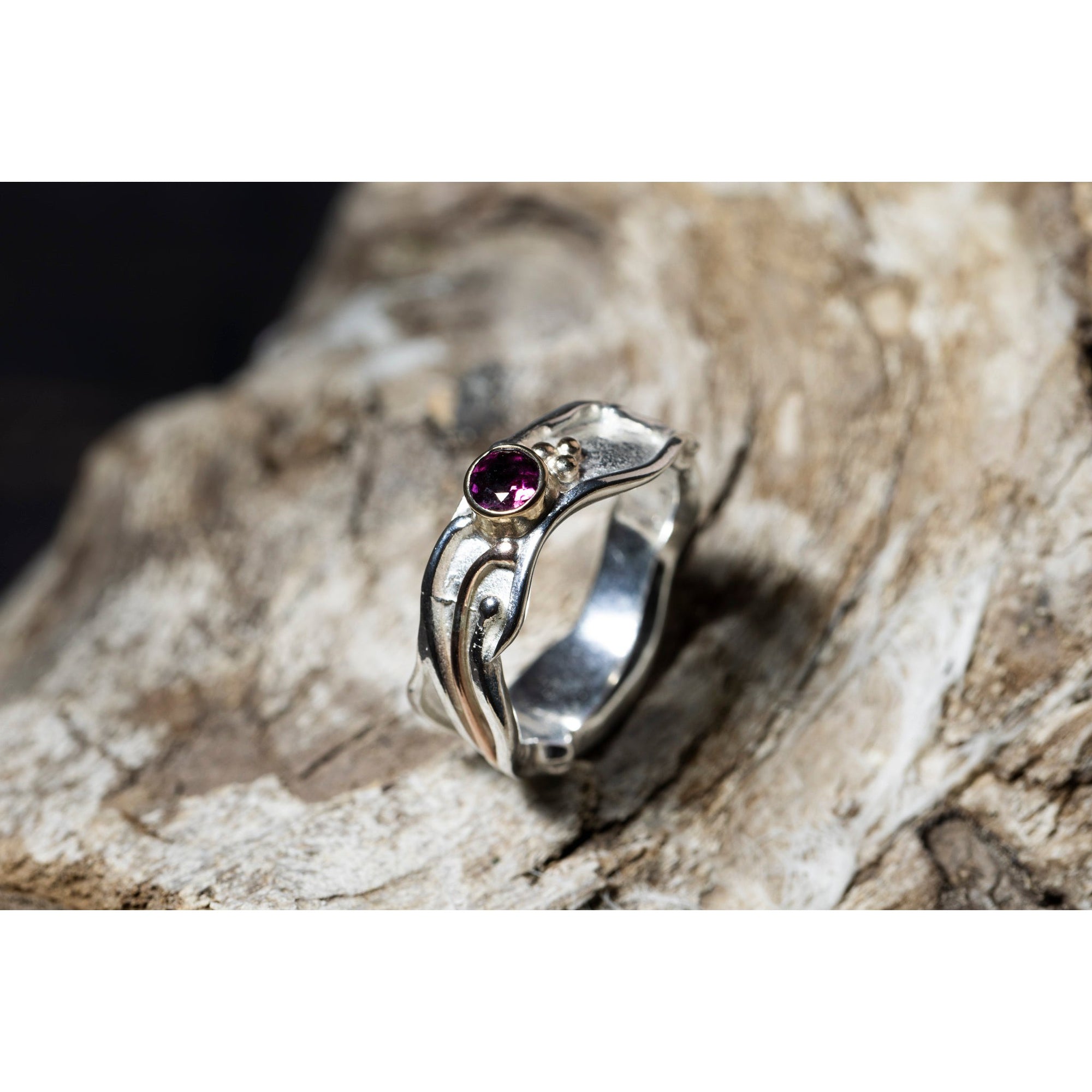 'LG109 Silver and 9ct Gold 4mm Rhodalite Garnet Ring' by Les Grimshaw, available at Padstow Gallery, Cornwall