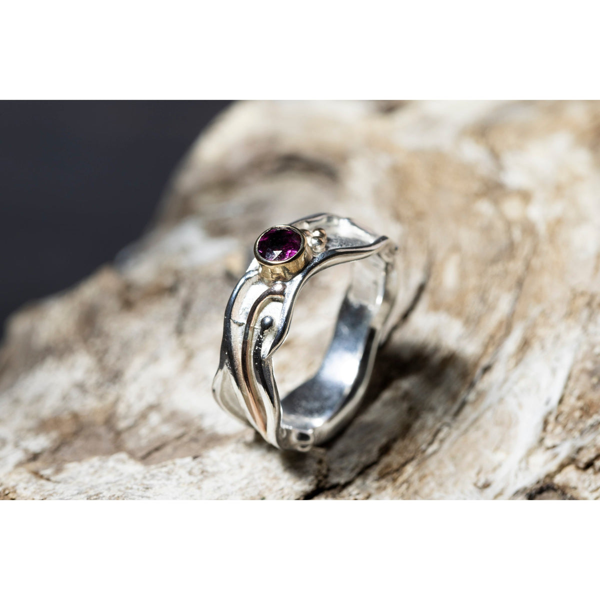 'LG109 Silver and 9ct Gold 4mm Rhodalite Garnet Ring' by Les Grimshaw, available at Padstow Gallery, Cornwall