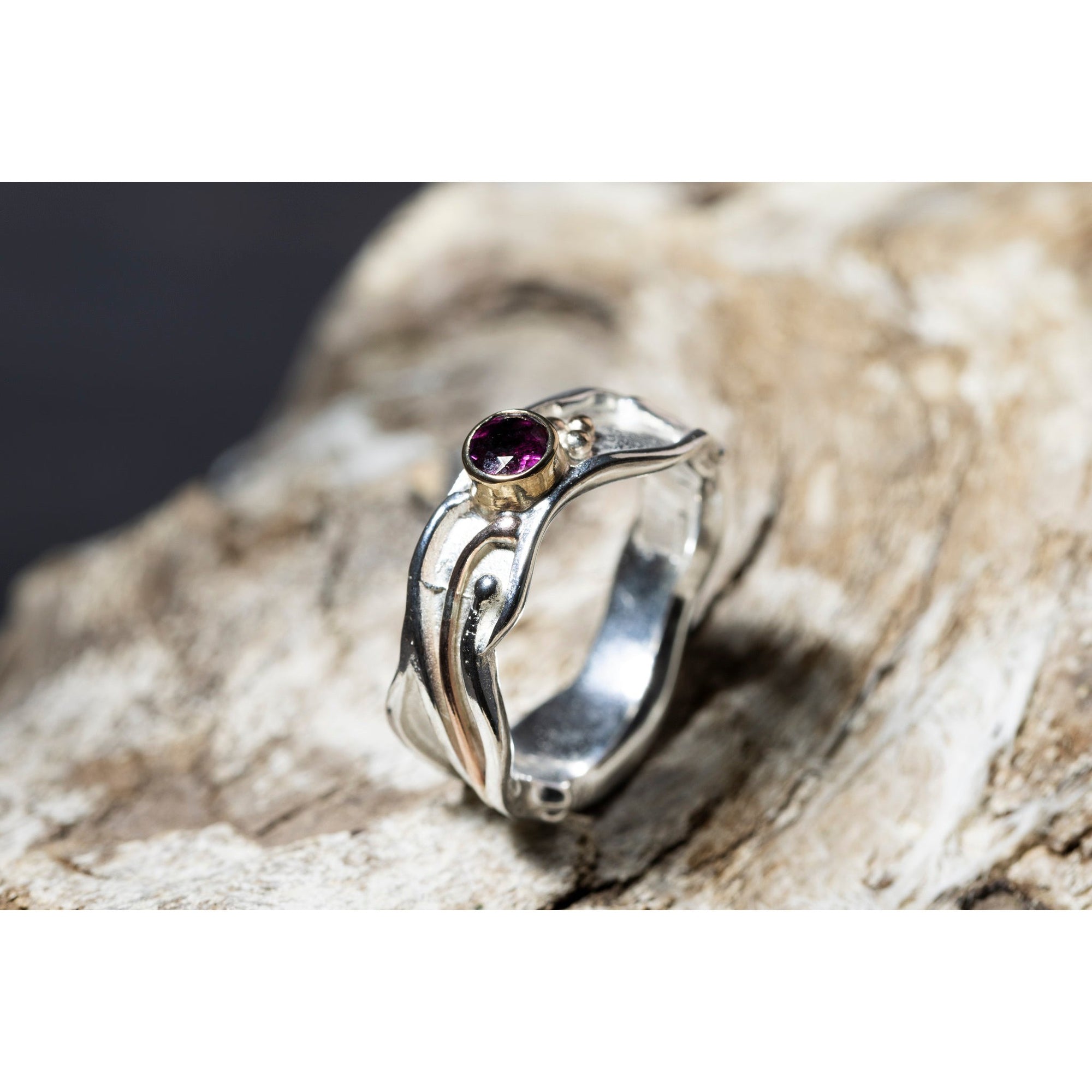 'LG109 Silver and 9ct Gold 4mm Rhodalite Garnet Ring' by Les Grimshaw, available at Padstow Gallery, Cornwall