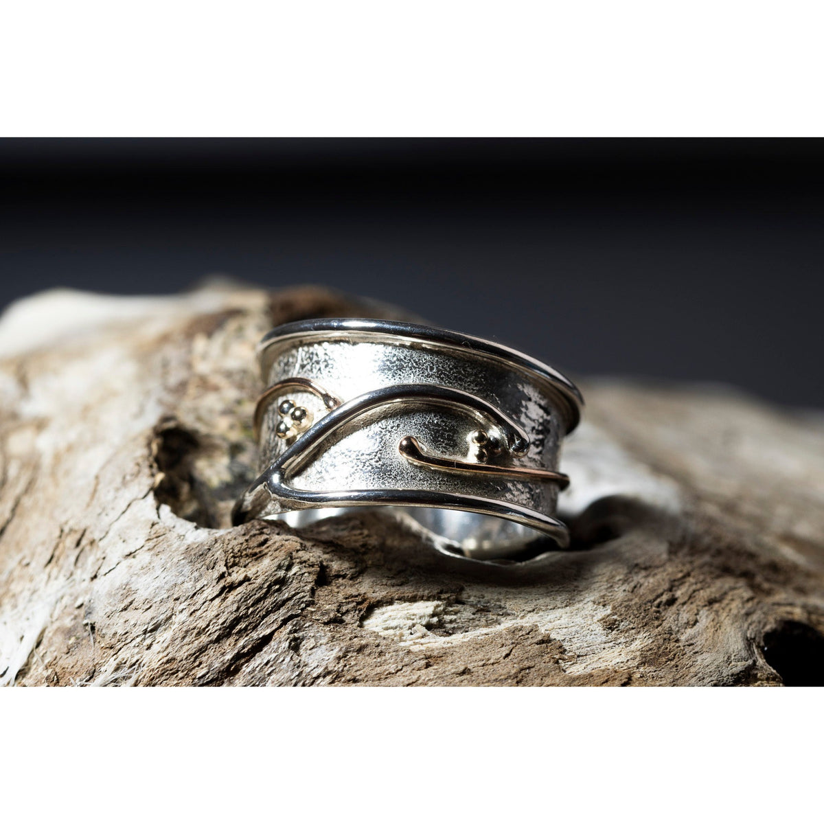 &#39;LG104 - Wide Silver Ring with 9ct Gold Beads Ring &#39; by Les Grimshaw, available at Padstow Gallery, Cornwall