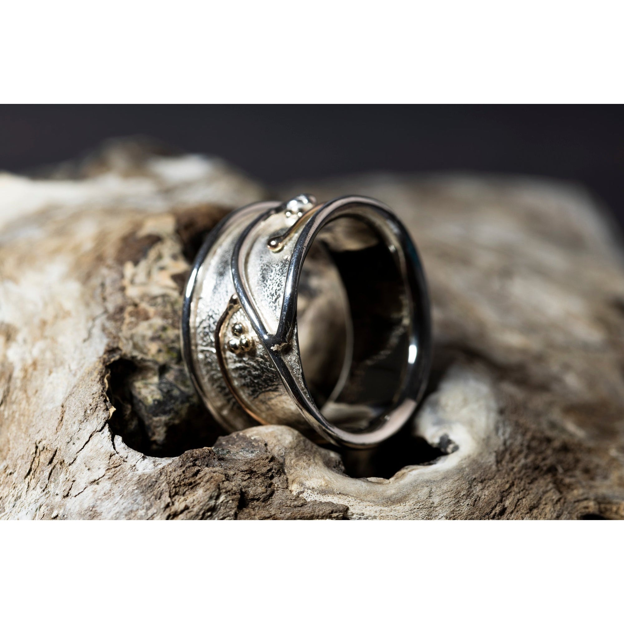 'LG104 - Wide Silver Ring with 9ct Gold Beads Ring ' by Les Grimshaw, available at Padstow Gallery, Cornwall