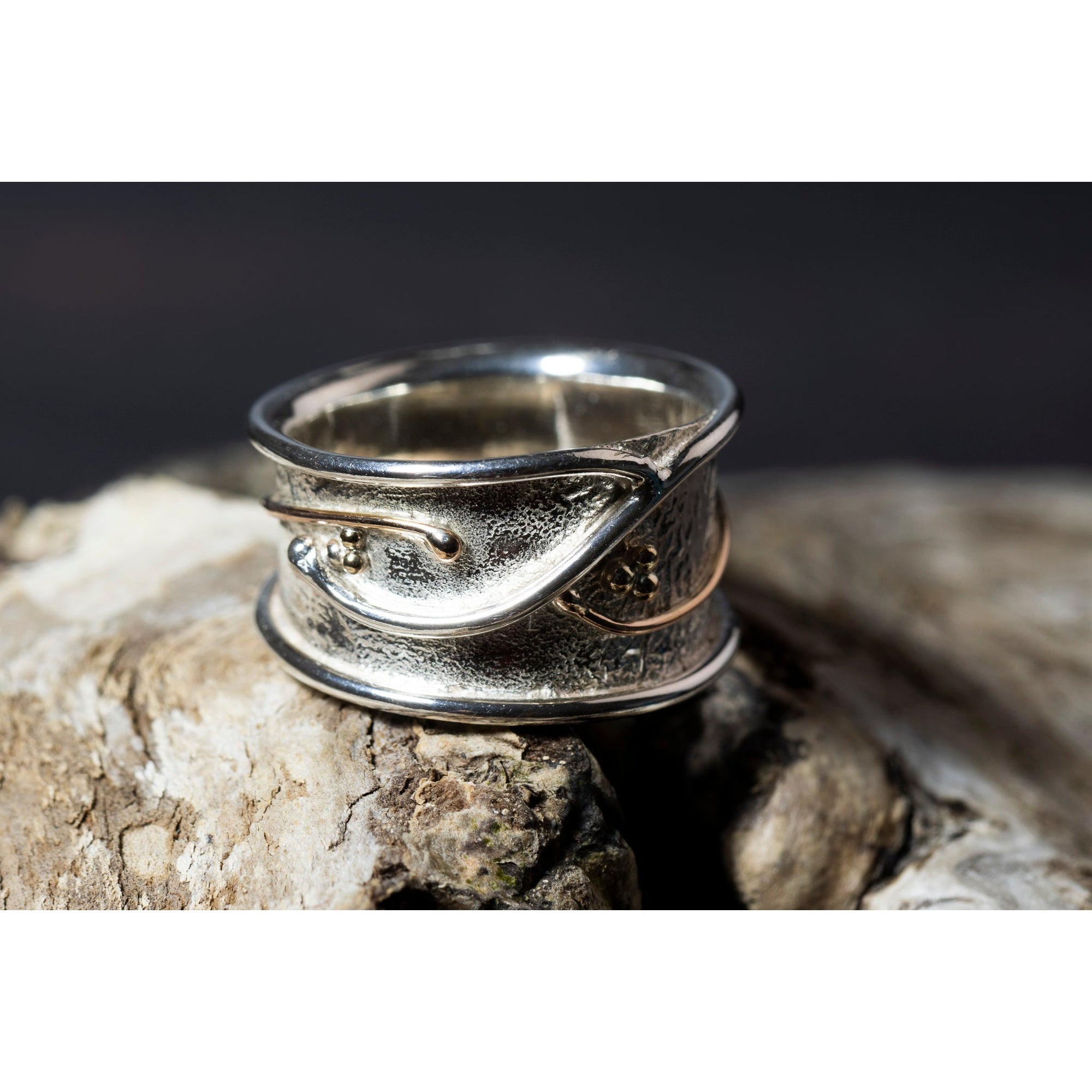 'LG104 - Wide Silver Ring with 9ct Gold Beads Ring ' by Les Grimshaw, available at Padstow Gallery, Cornwall