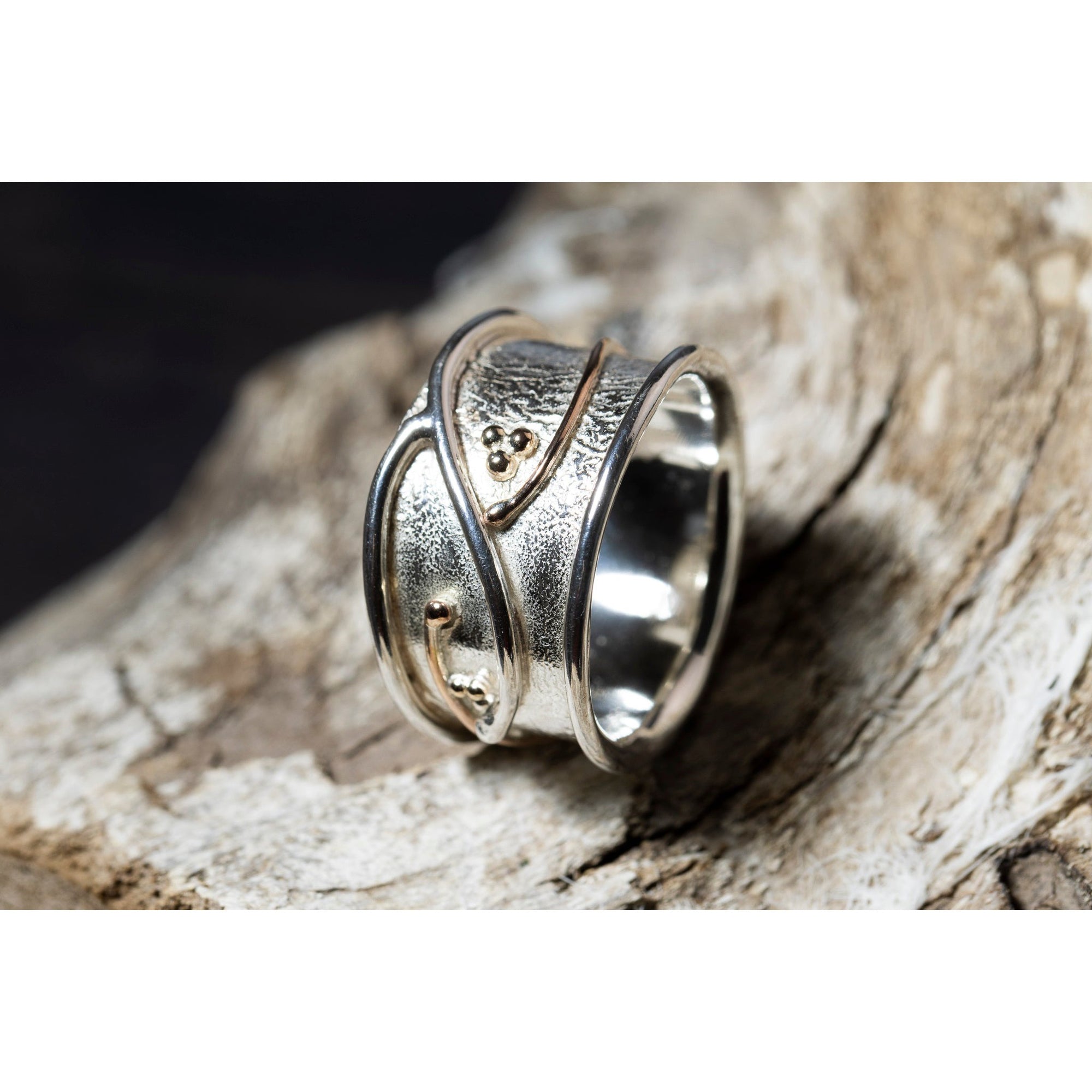 'LG104 - Wide Silver Ring with 9ct Gold Beads Ring ' by Les Grimshaw, available at Padstow Gallery, Cornwall