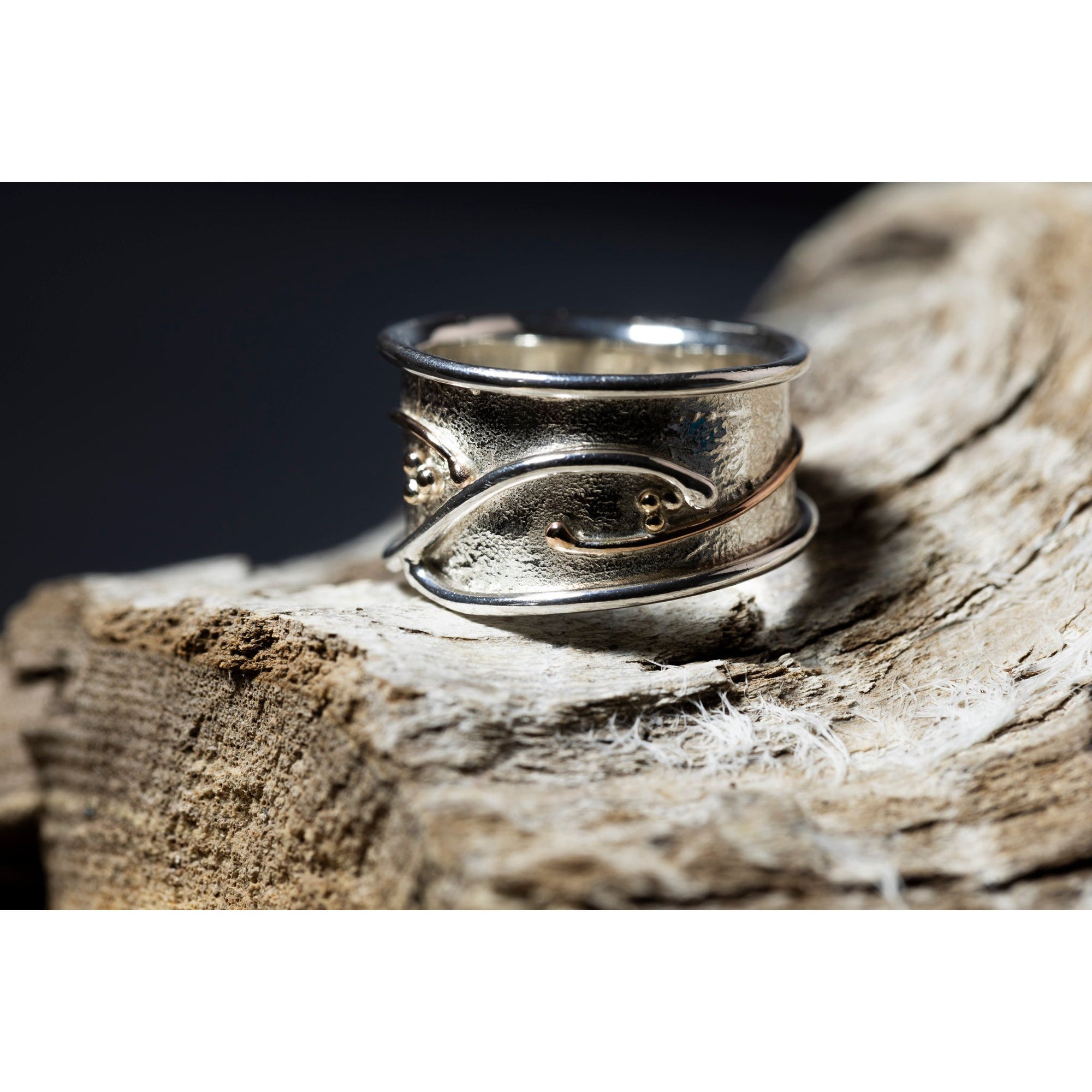 'LG104 - Wide Silver Ring with 9ct Gold Beads Ring ' by Les Grimshaw, available at Padstow Gallery, Cornwall