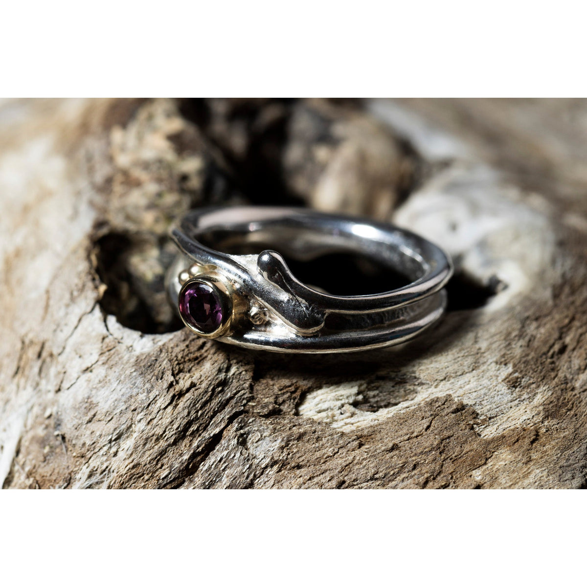 &#39;LG110 Silver and 9ct Gold 4mm Rhodalite Garnet Ring&#39; by Les Grimshaw, available at Padstow Gallery, Cornwall