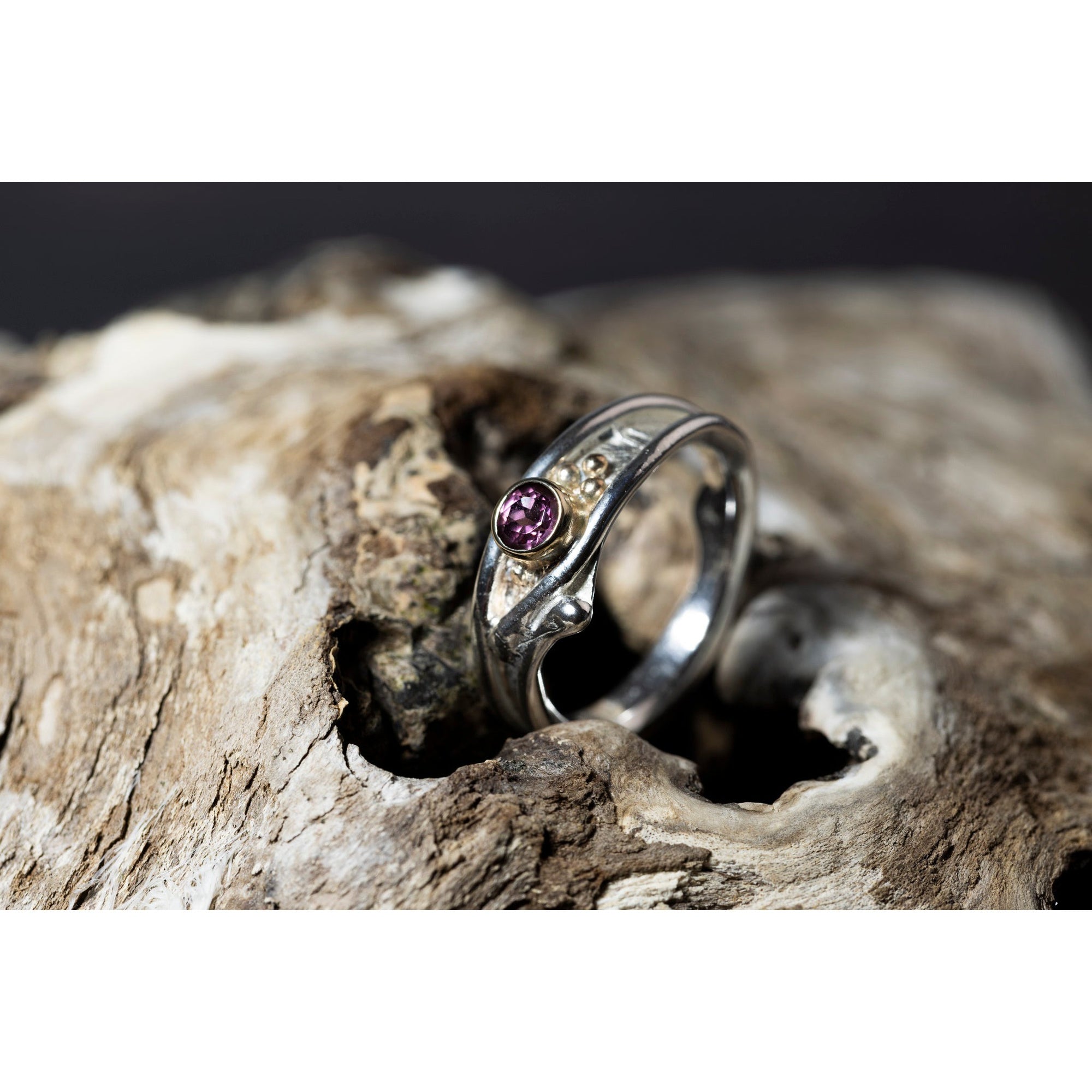 'LG110 Silver and 9ct Gold 4mm Rhodalite Garnet Ring' by Les Grimshaw, available at Padstow Gallery, Cornwall