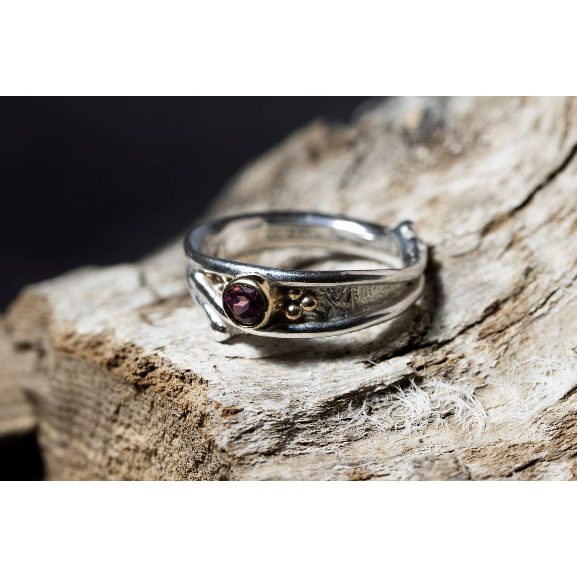 'LG110 Silver and 9ct Gold 4mm Rhodalite Garnet Ring' by Les Grimshaw, available at Padstow Gallery, Cornwall