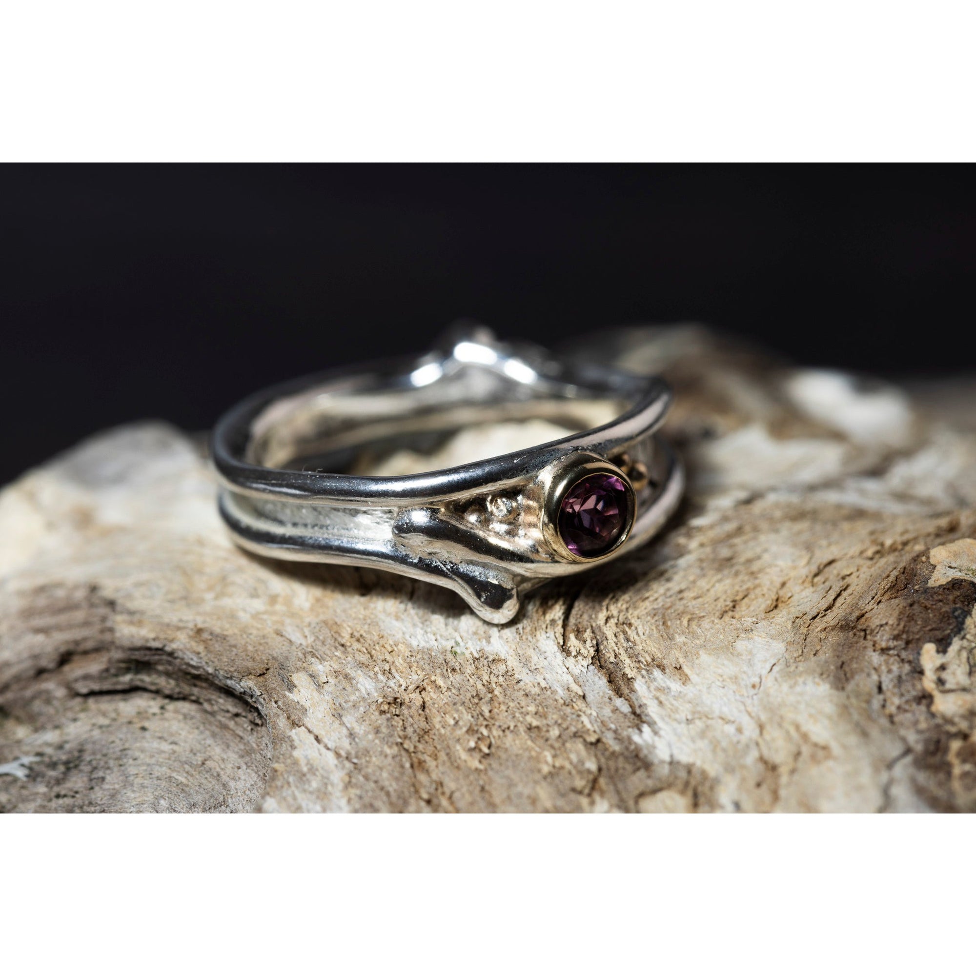 'LG110 Silver and 9ct Gold 4mm Rhodalite Garnet Ring' by Les Grimshaw, available at Padstow Gallery, Cornwall