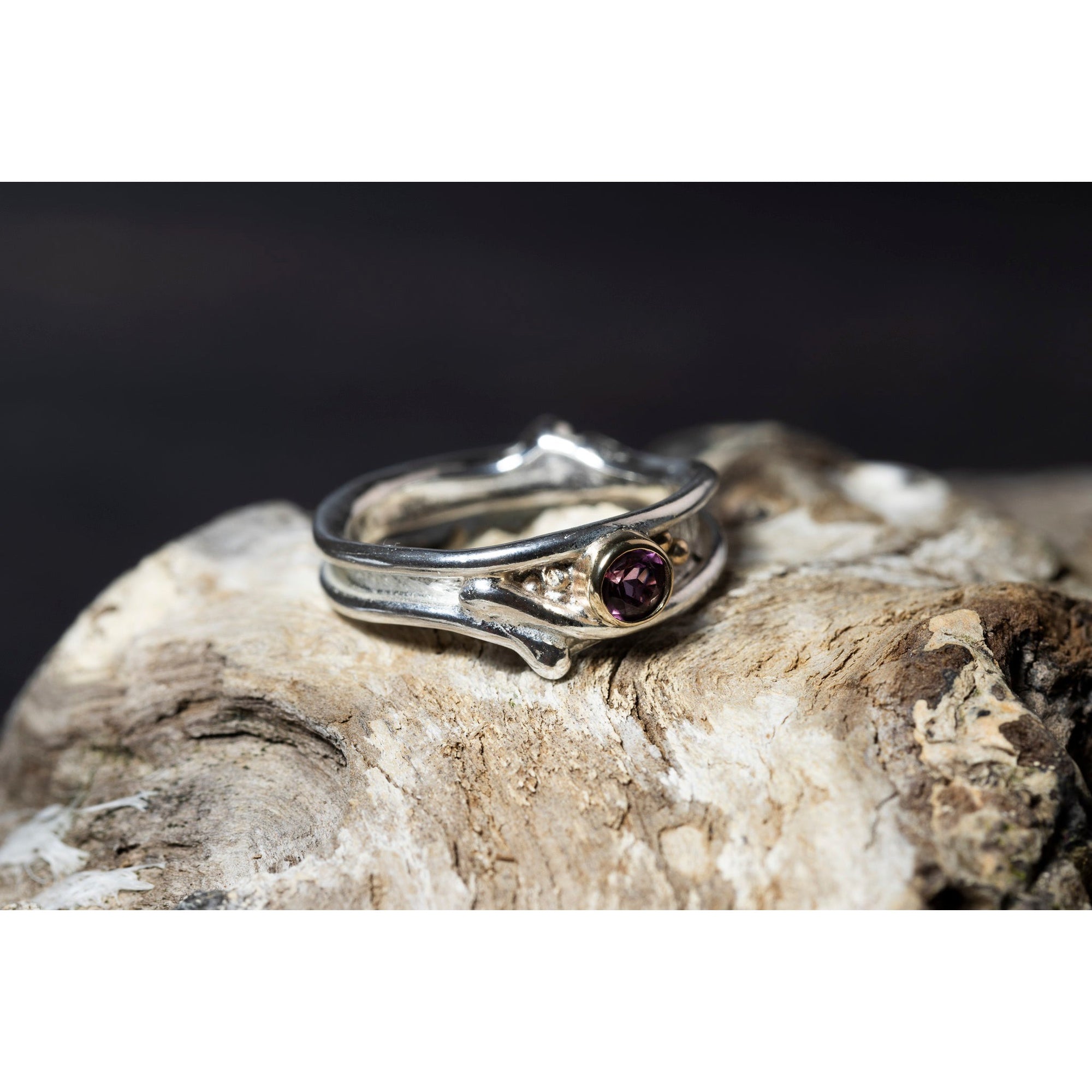 'LG110 Silver and 9ct Gold 4mm Rhodalite Garnet Ring' by Les Grimshaw, available at Padstow Gallery, Cornwall