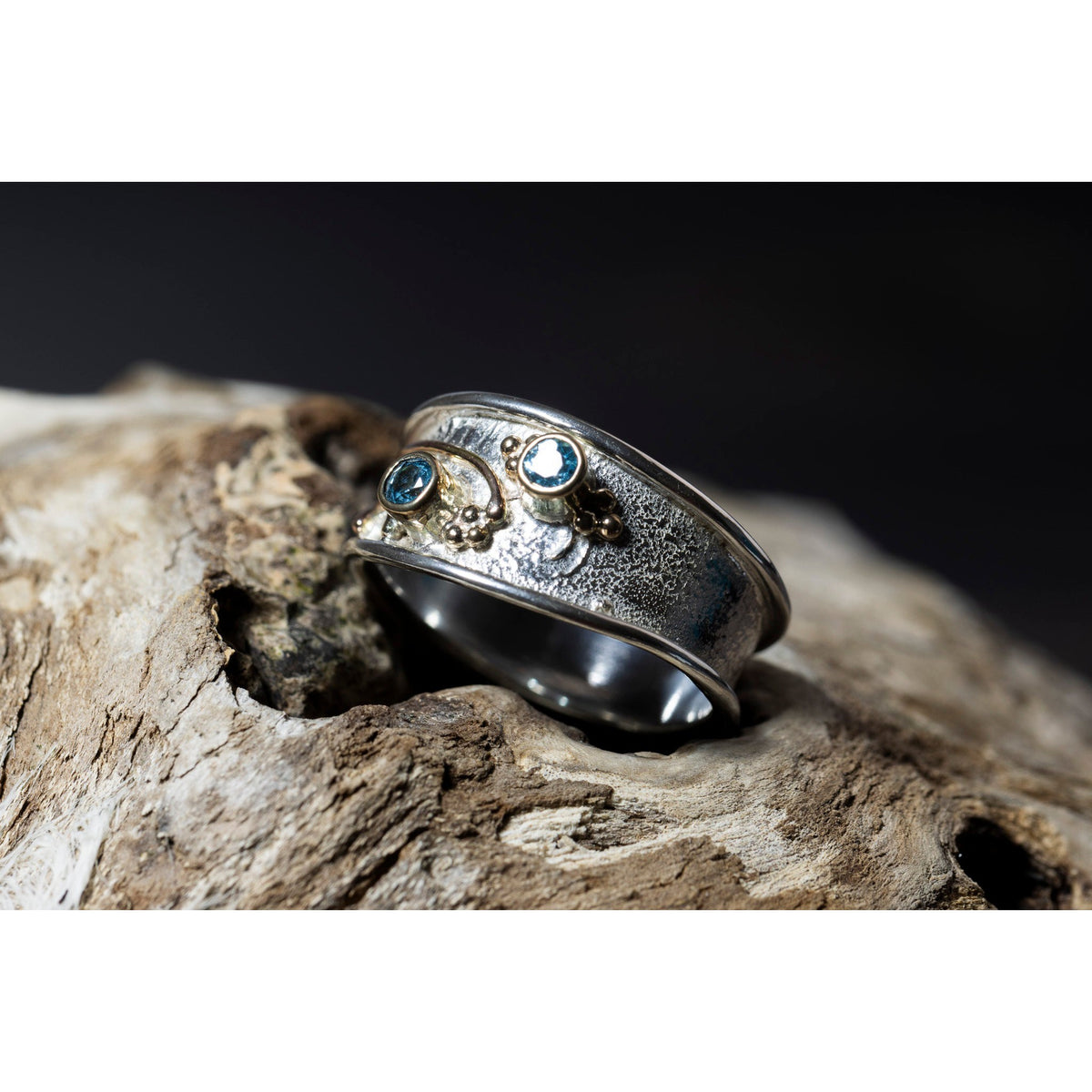 &#39;LG113 Silver and 9ct Gold 2 x Swiss Blue Topaz Ring&#39; by Les Grimshaw, available at Padstow Gallery, Cornwall