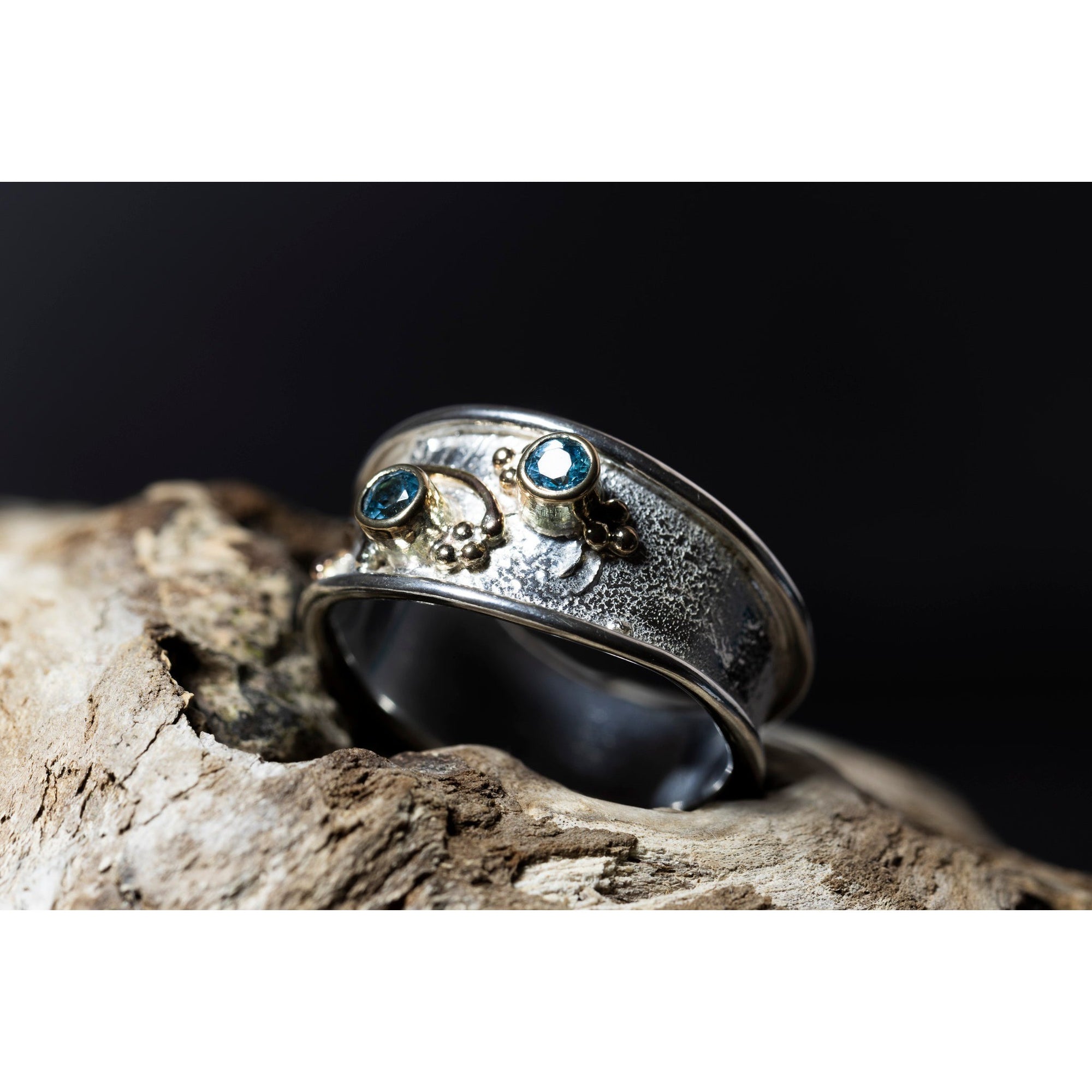 'LG113 Silver and 9ct Gold 2 x Swiss Blue Topaz Ring' by Les Grimshaw, available at Padstow Gallery, Cornwall