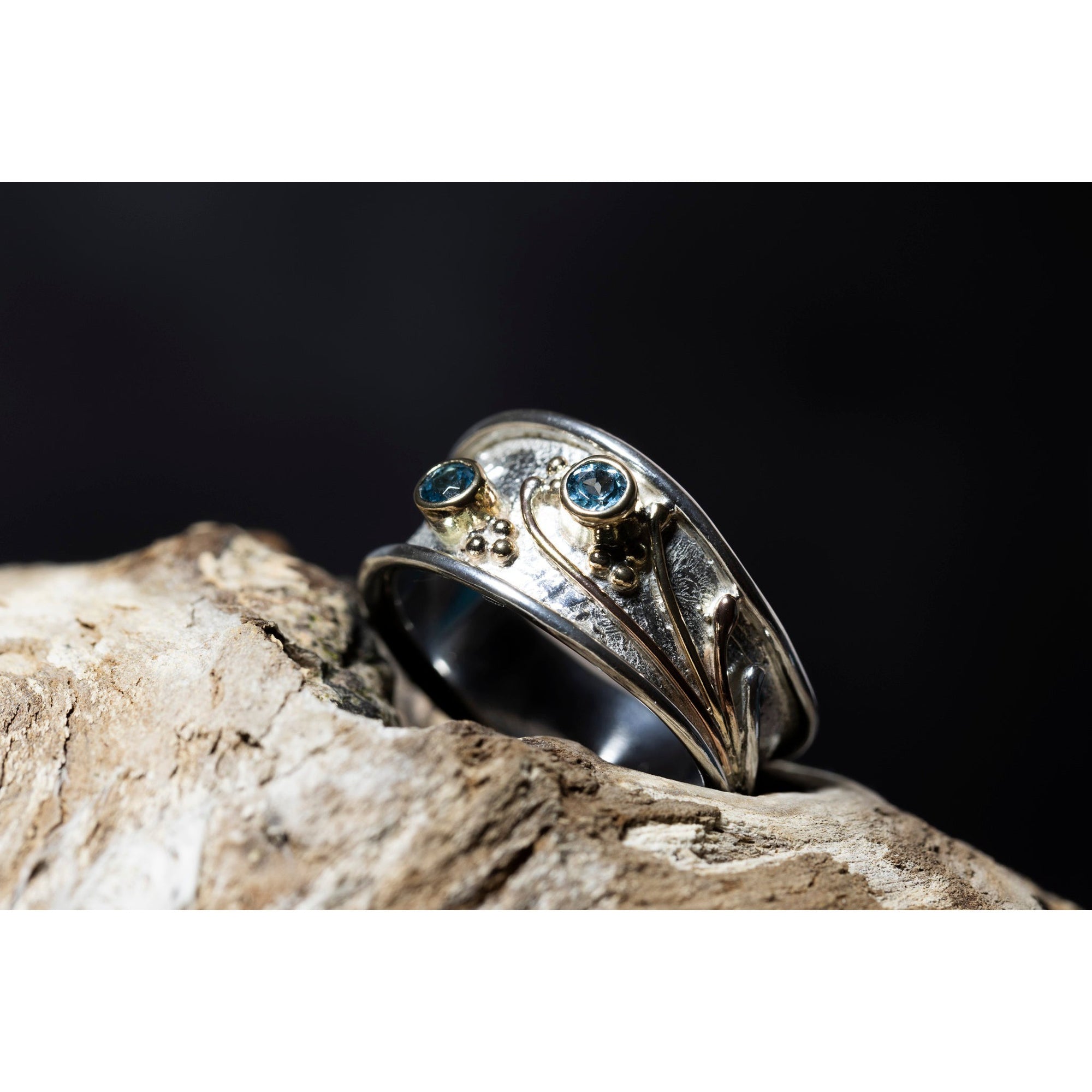 'LG113 Silver and 9ct Gold 2 x Swiss Blue Topaz Ring' by Les Grimshaw, available at Padstow Gallery, Cornwall