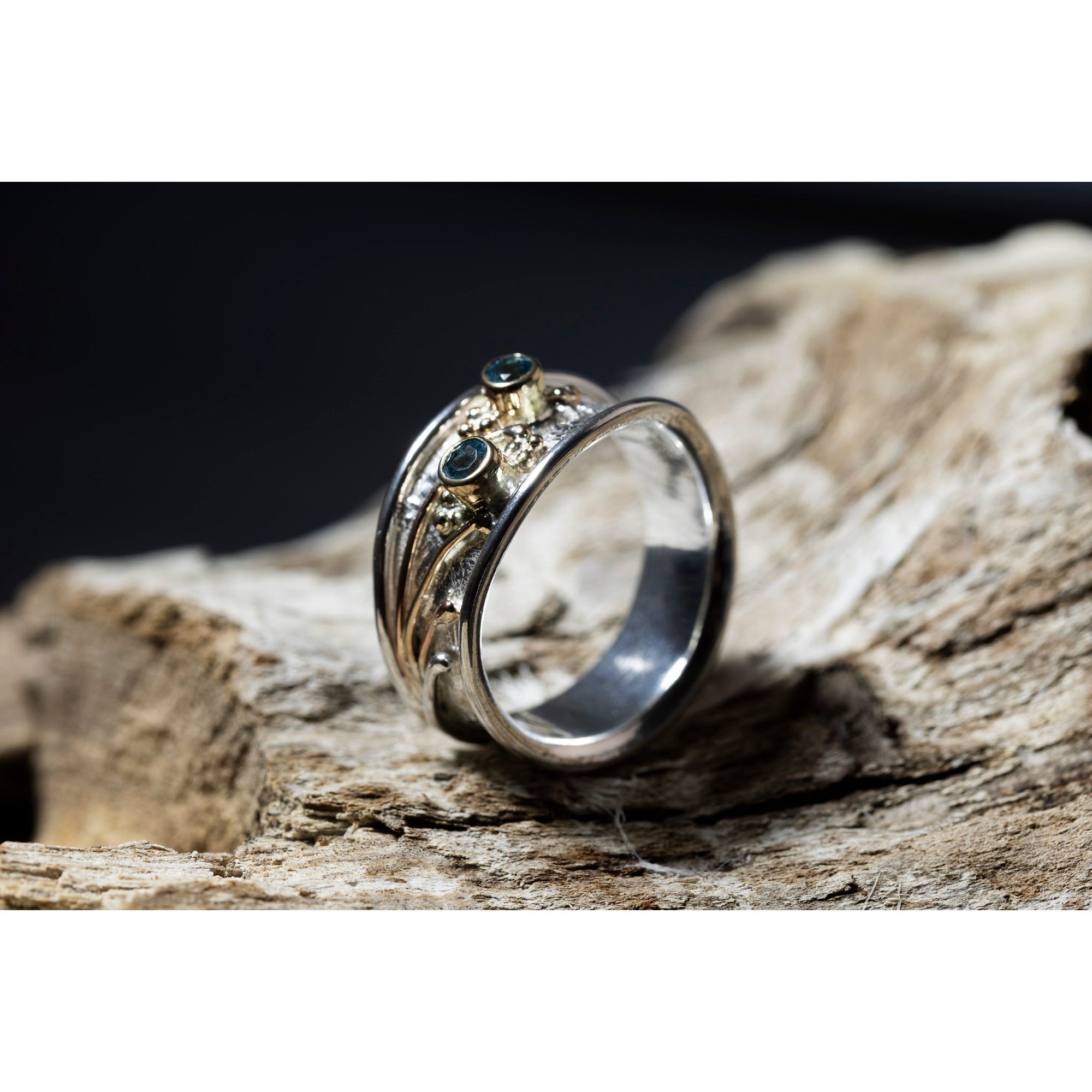 'LG113 Silver and 9ct Gold 2 x Swiss Blue Topaz Ring' by Les Grimshaw, available at Padstow Gallery, Cornwall