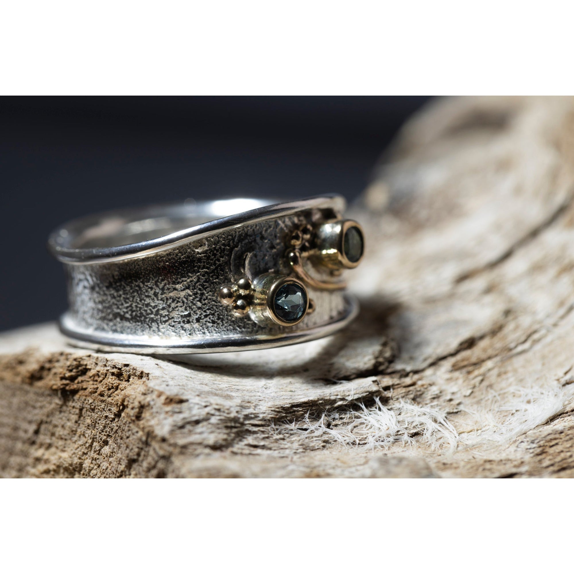 'LG113 Silver and 9ct Gold 2 x Swiss Blue Topaz Ring' by Les Grimshaw, available at Padstow Gallery, Cornwall