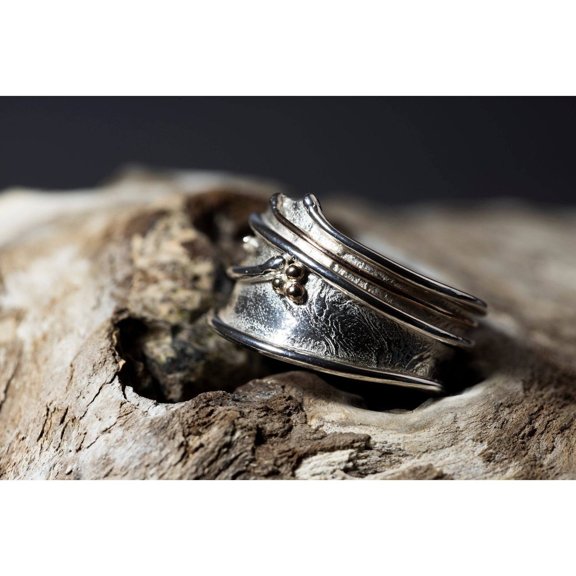 'LG105 - Wide Silver Ring with 9ct Gold Beads Ring ' by Les Grimshaw, available at Padstow Gallery, Cornwall