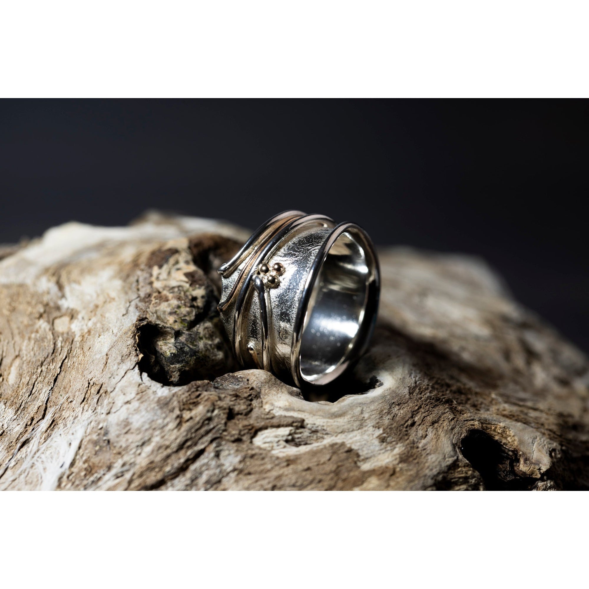 'LG105 - Wide Silver Ring with 9ct Gold Beads Ring ' by Les Grimshaw, available at Padstow Gallery, Cornwall