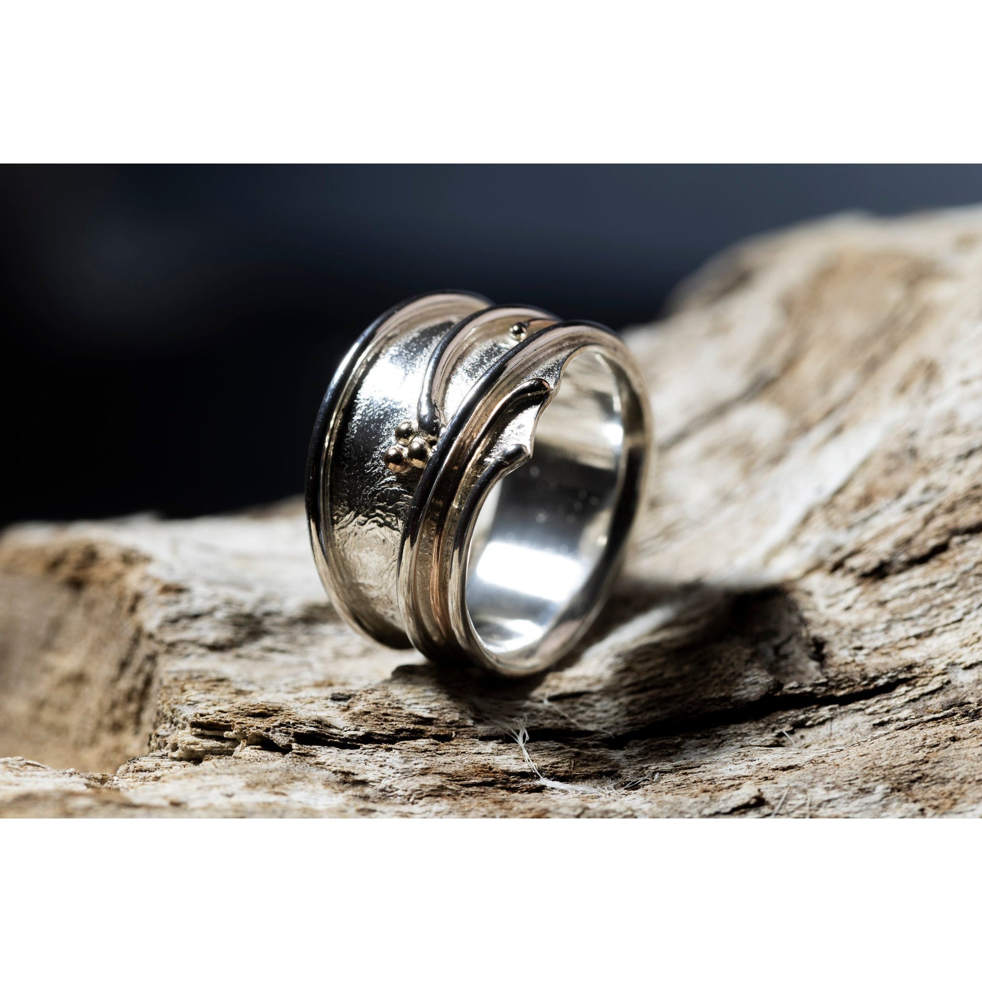 'LG105 - Wide Silver Ring with 9ct Gold Beads Ring ' by Les Grimshaw, available at Padstow Gallery, Cornwall