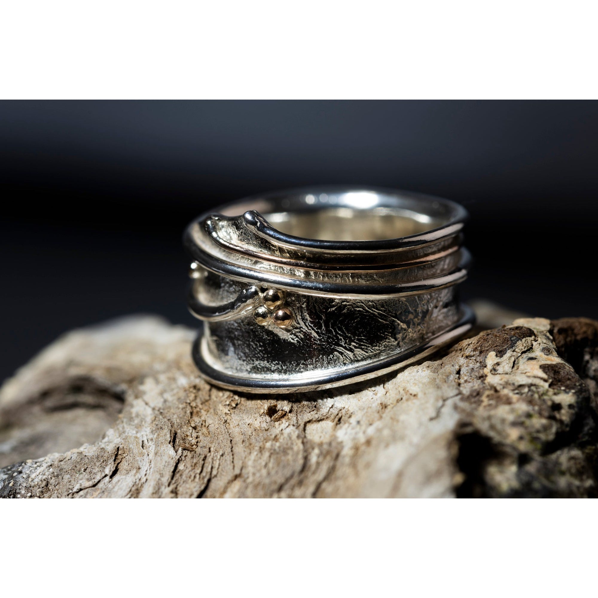 'LG105 - Wide Silver Ring with 9ct Gold Beads Ring ' by Les Grimshaw, available at Padstow Gallery, Cornwall