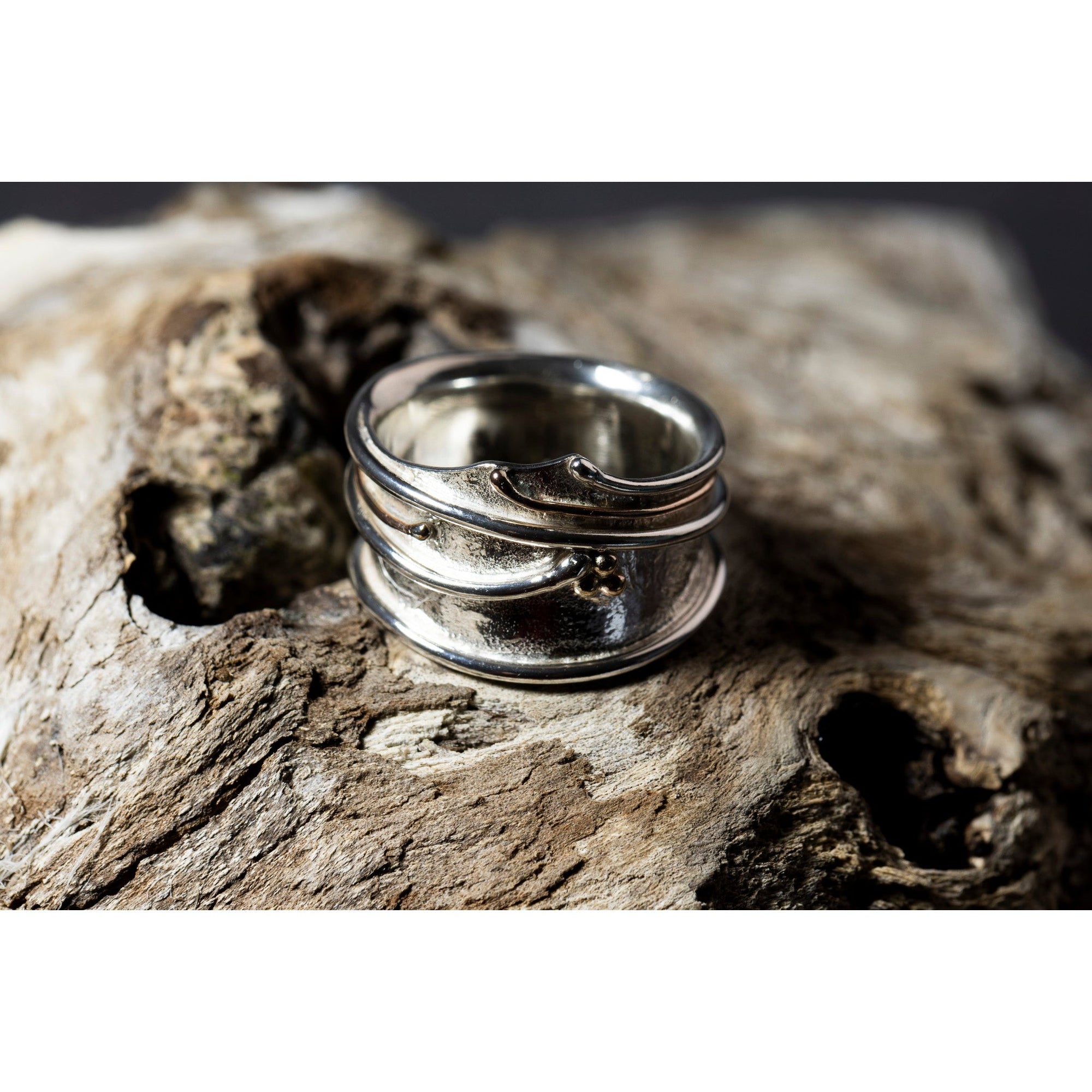 'LG105 - Wide Silver Ring with 9ct Gold Beads Ring ' by Les Grimshaw, available at Padstow Gallery, Cornwall