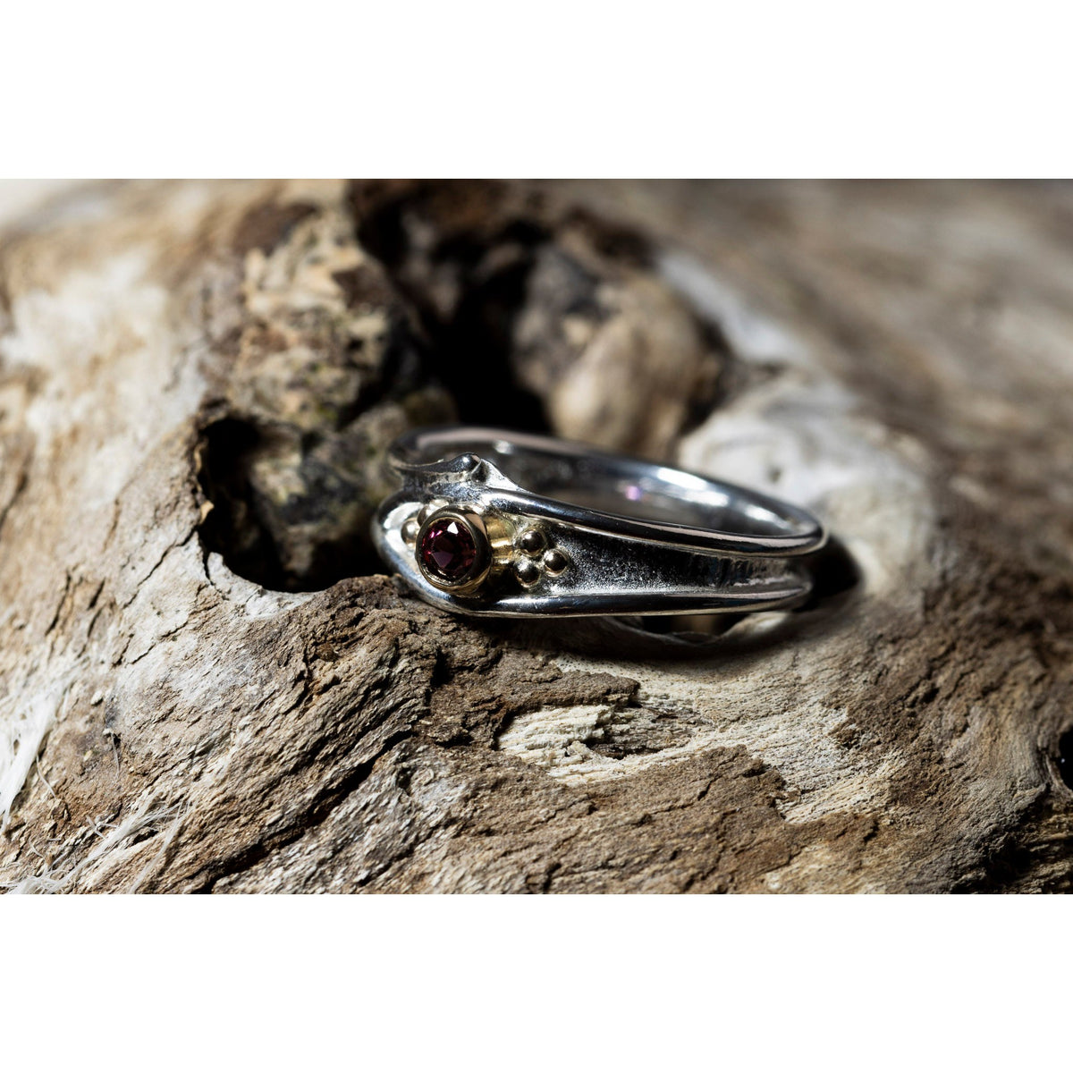 &#39;LG108 Silver and 9ct Gold 3mm Rhodalite Garnet Ring&#39; by Les Grimshaw, available at Padstow Gallery, Cornwall