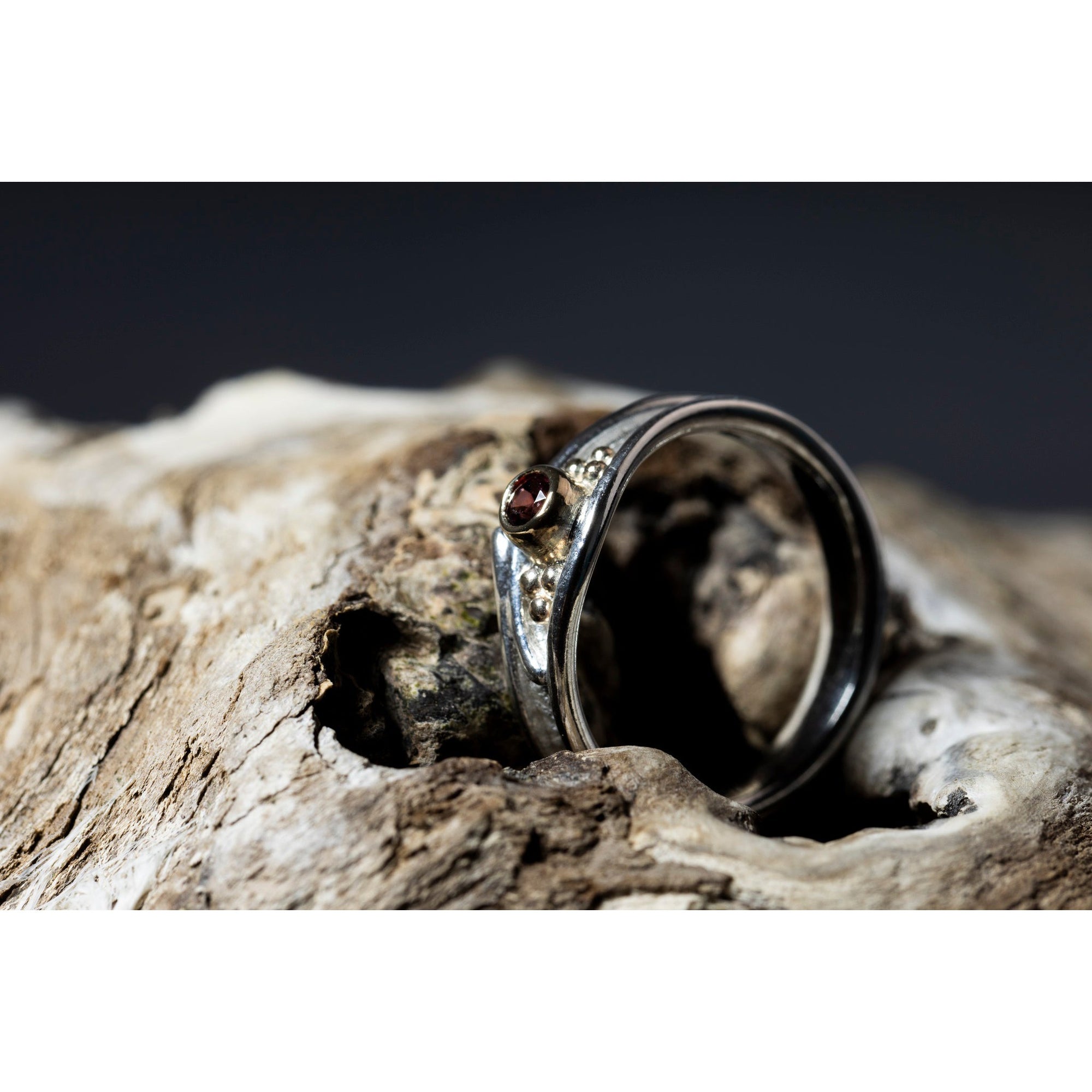 'LG108 Silver and 9ct Gold 3mm Rhodalite Garnet Ring' by Les Grimshaw, available at Padstow Gallery, Cornwall