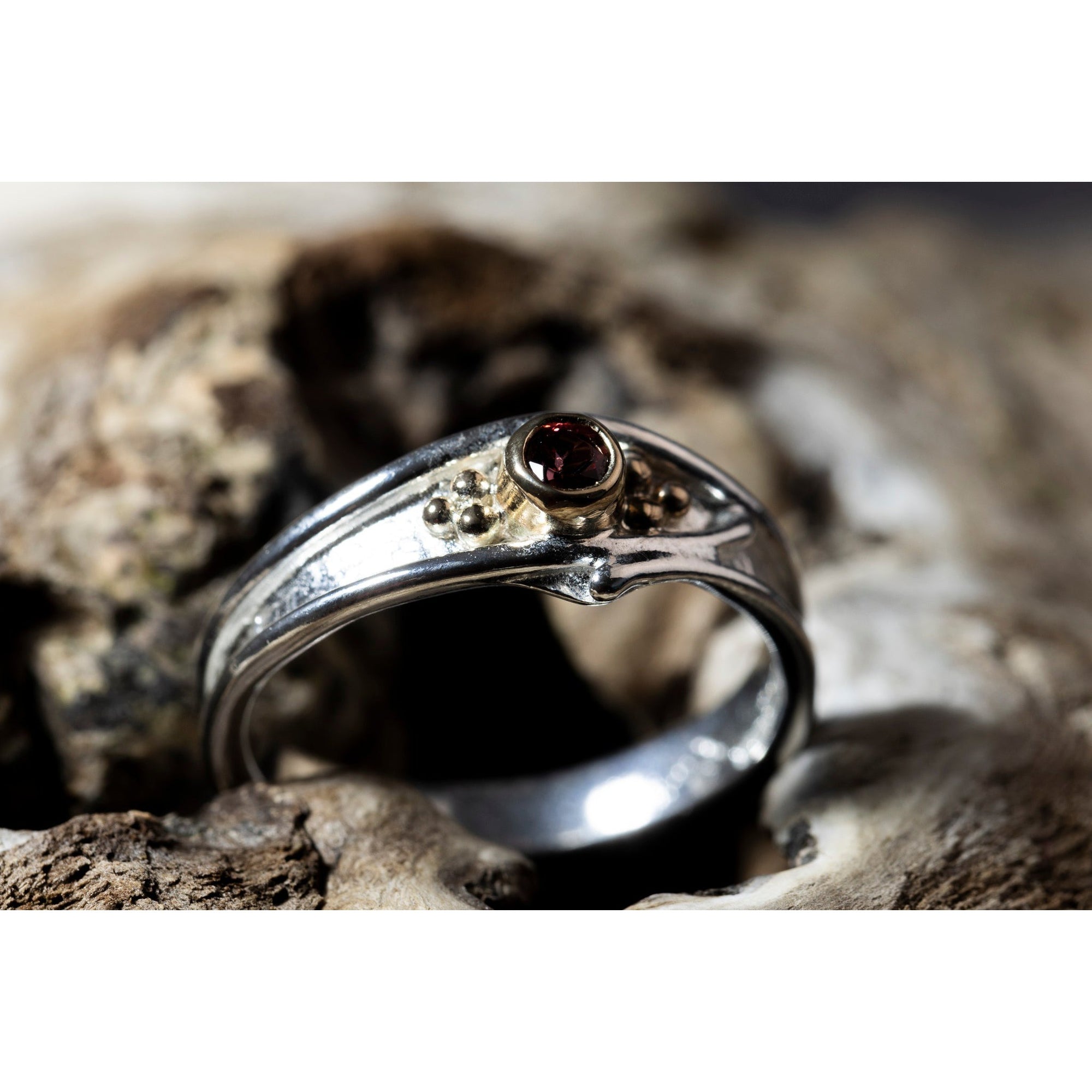 'LG108 Silver and 9ct Gold 3mm Rhodalite Garnet Ring' by Les Grimshaw, available at Padstow Gallery, Cornwall