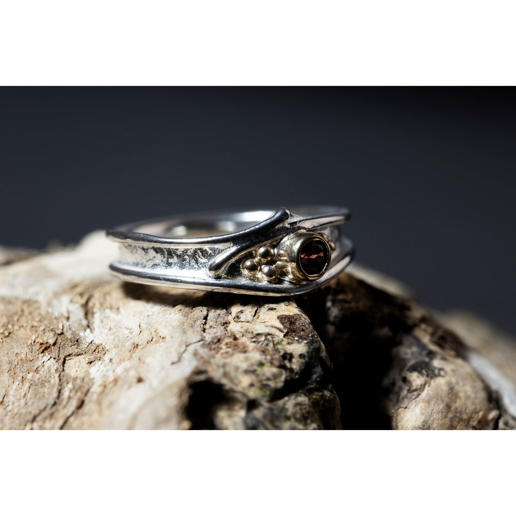 'LG108 Silver and 9ct Gold 3mm Rhodalite Garnet Ring' by Les Grimshaw, available at Padstow Gallery, Cornwall