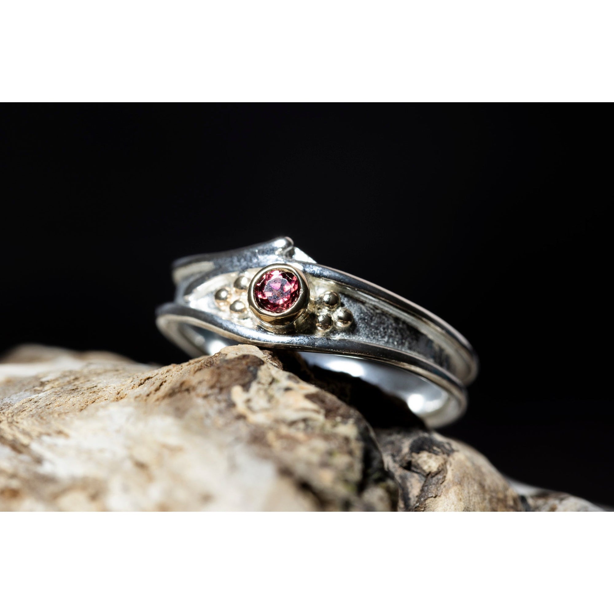 'LG108 Silver and 9ct Gold 3mm Rhodalite Garnet Ring' by Les Grimshaw, available at Padstow Gallery, Cornwall