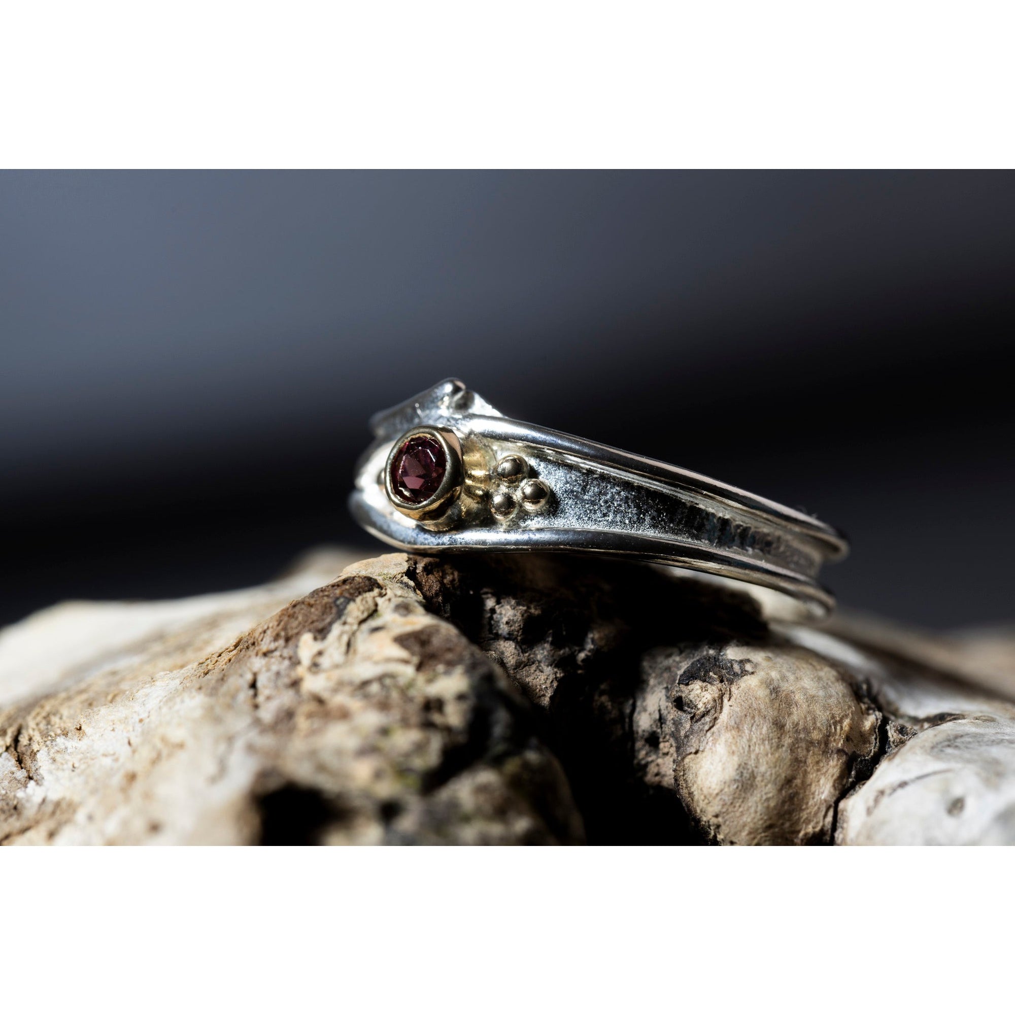 'LG108 Silver and 9ct Gold 3mm Rhodalite Garnet Ring' by Les Grimshaw, available at Padstow Gallery, Cornwall