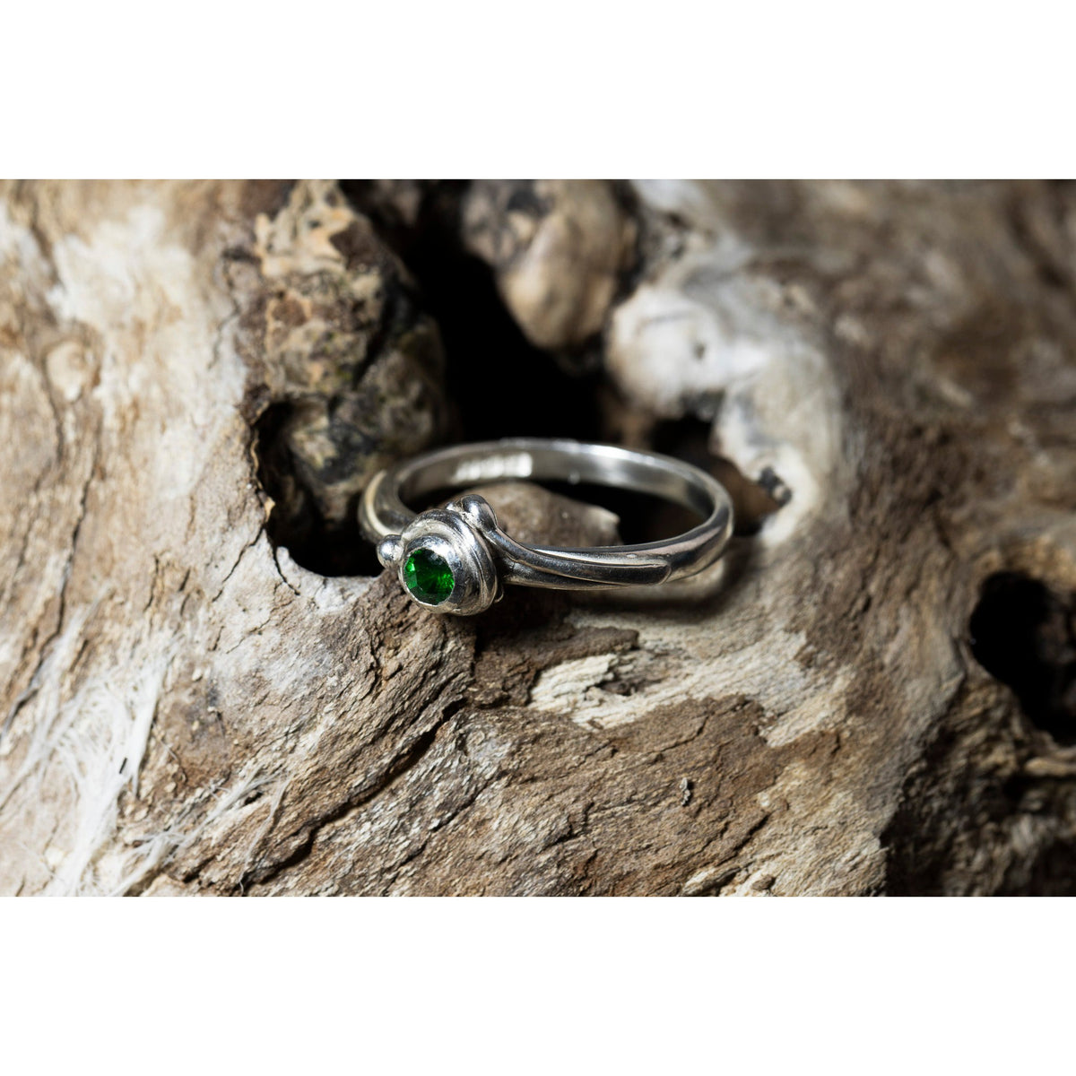 &#39;SA R34 Silver ring with Emerald&#39; by Sandra Austin jewellery, available at Padstow Gallery, Cornwall