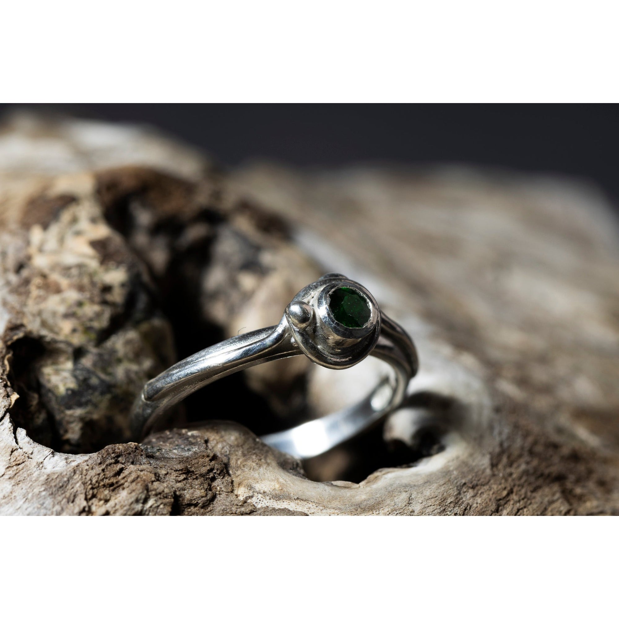 'SA R34 Silver ring with Emerald' by Sandra Austin jewellery, available at Padstow Gallery, Cornwall