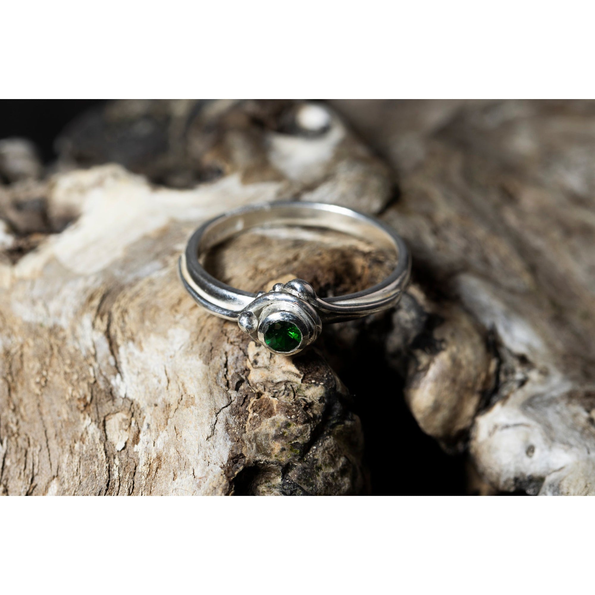 'SA R34 Silver ring with Emerald' by Sandra Austin jewellery, available at Padstow Gallery, Cornwall