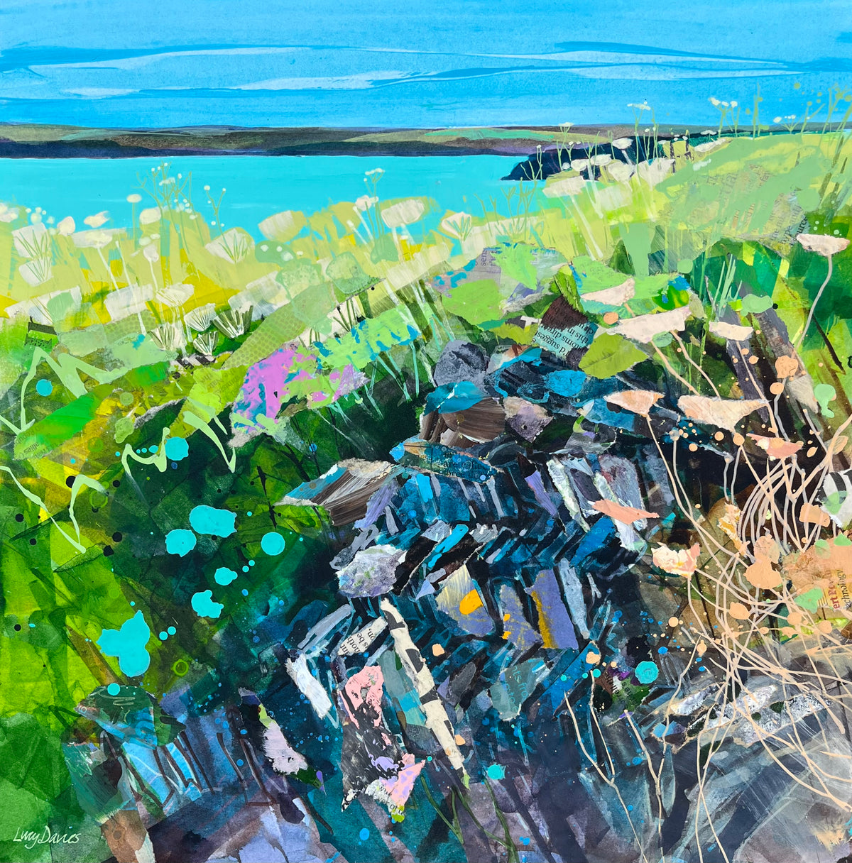 Cornish stone wall, Mother Ivey’s Bay By Lucy Davies fine art available at Padstow Gallery, Cornwall