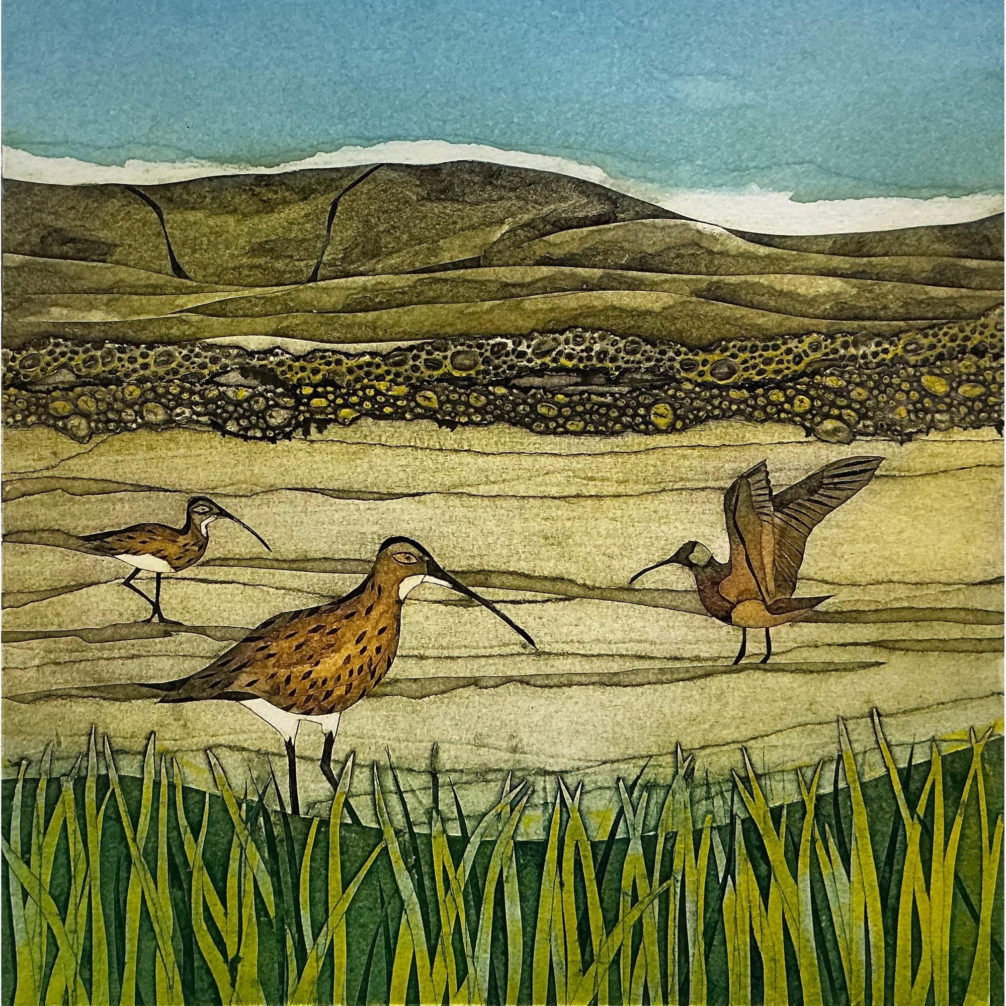 Curlews Crying, collagraph by Sarah Ross-Thompson, available at Padstow Gallery, Cornwall