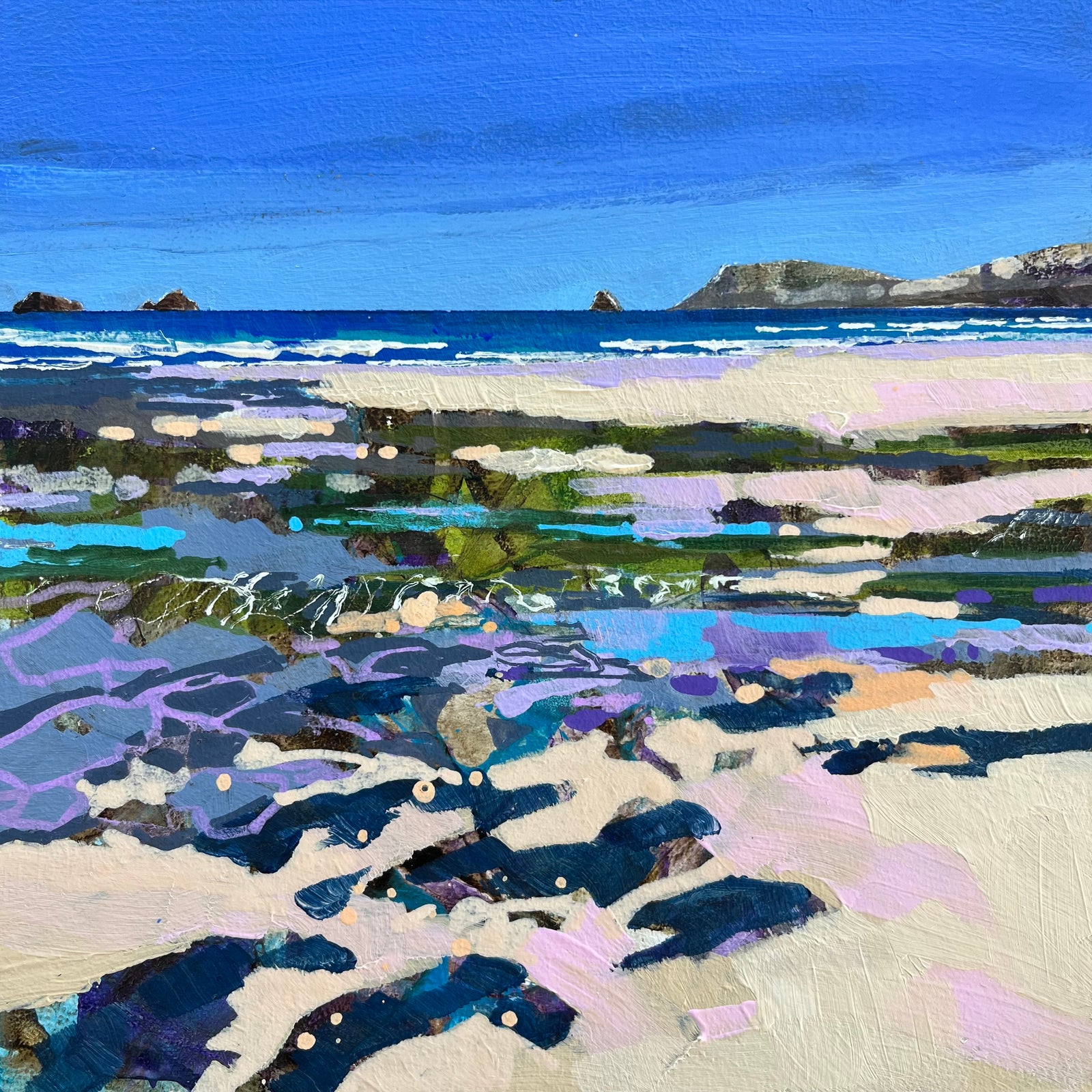 Colorful abstract artwork of a beach scene with blue sky and ocean.