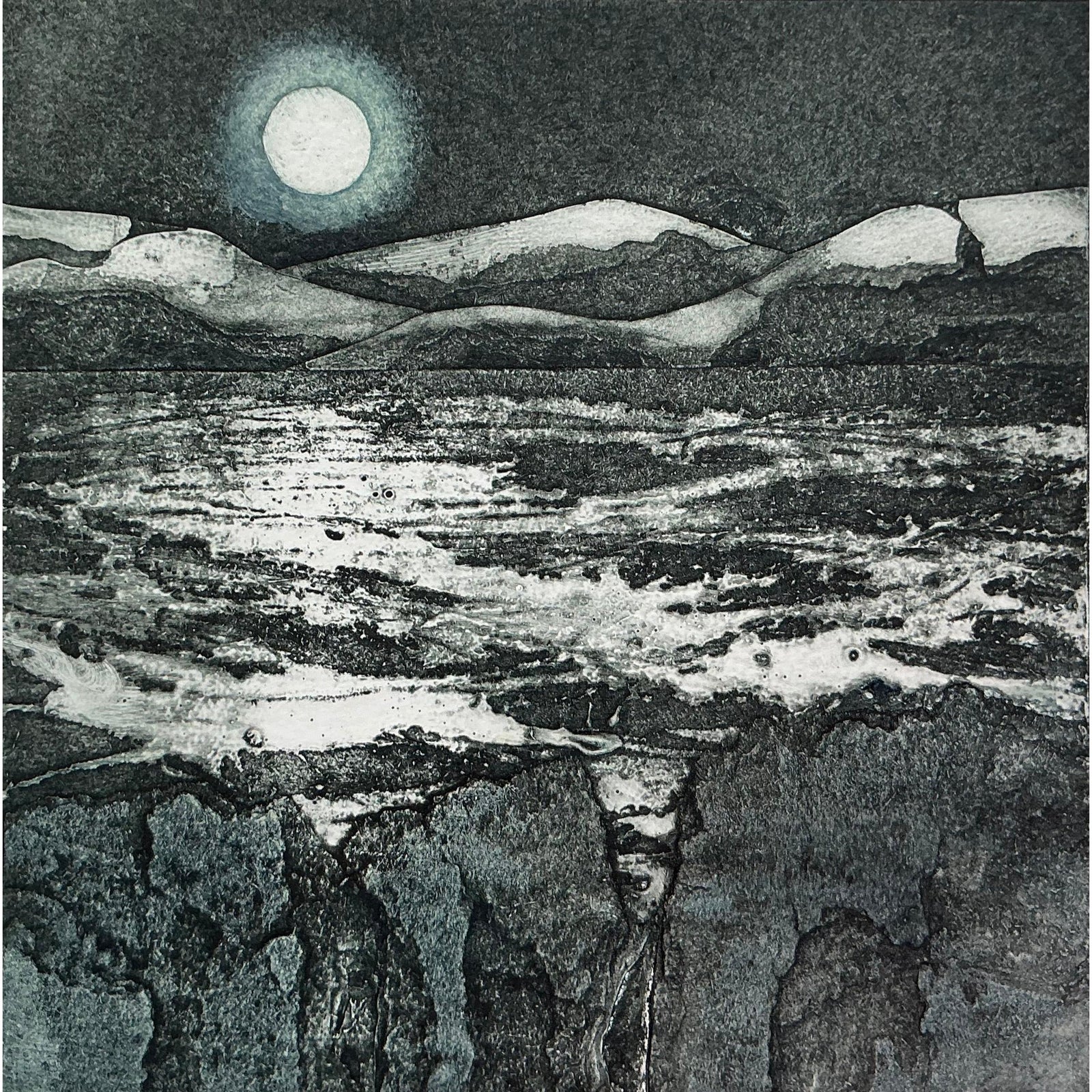 Dressed in Black, collagraph, by Sarah Ross-Thompson, available at Padstow Gallery, Cornwall