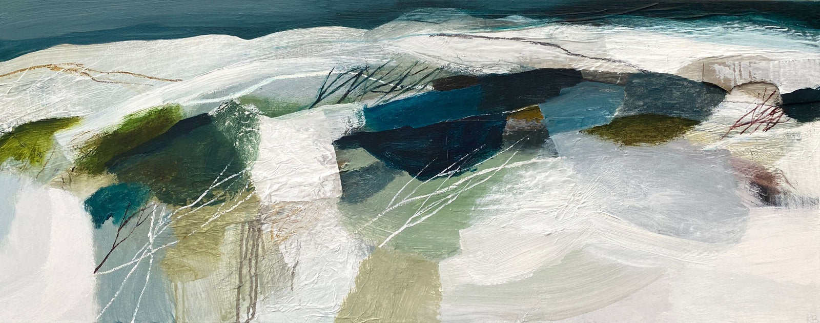 ‘Land Expanse 2’ mixed media and collage on canvas, by Karen Birchwood, available at Padstow Gallery, Cornwall
